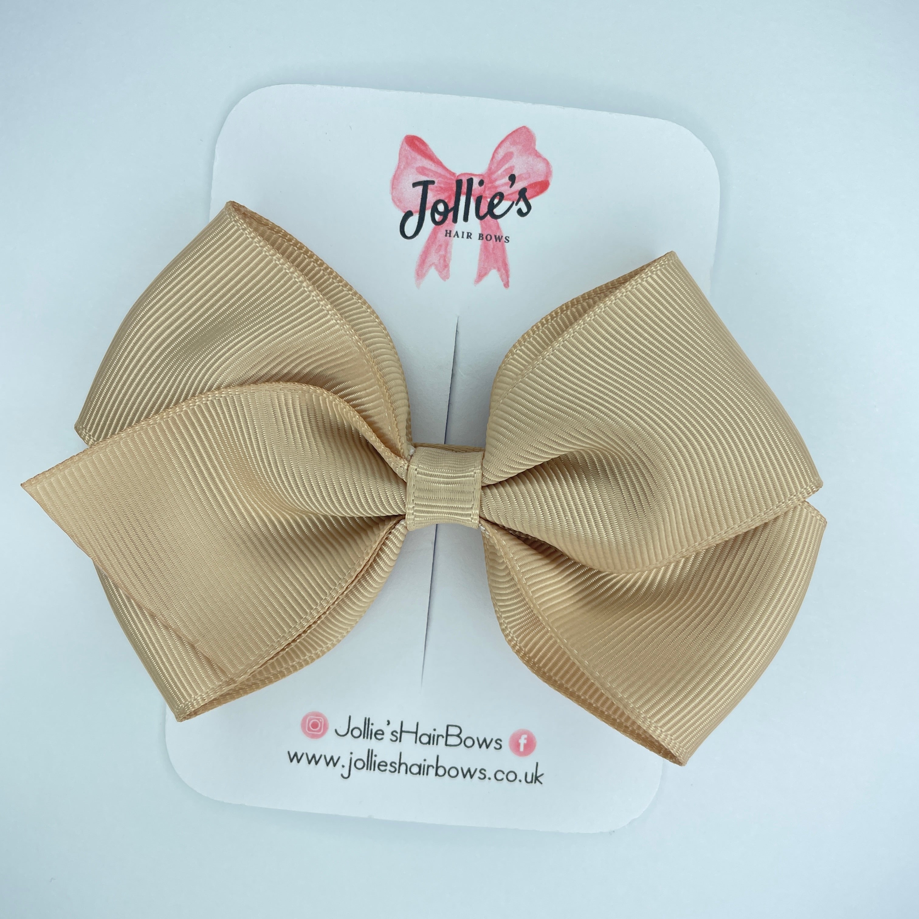 4" Tan Hair Bow with Clip – Grosgrain Ribbon with Lined Alligator Clip