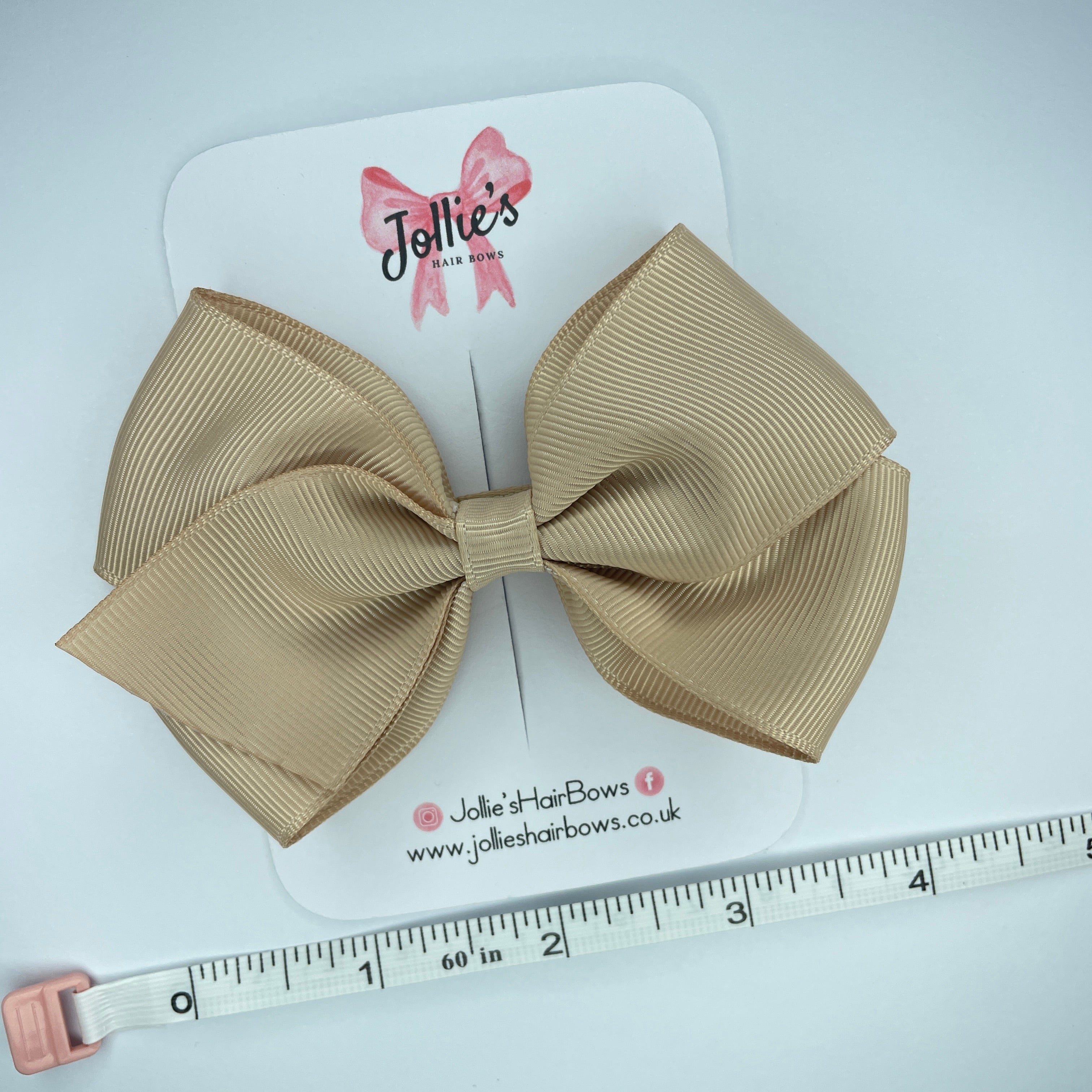 4" Tan Hair Bow with Clip – Grosgrain Ribbon with Lined Alligator Clip