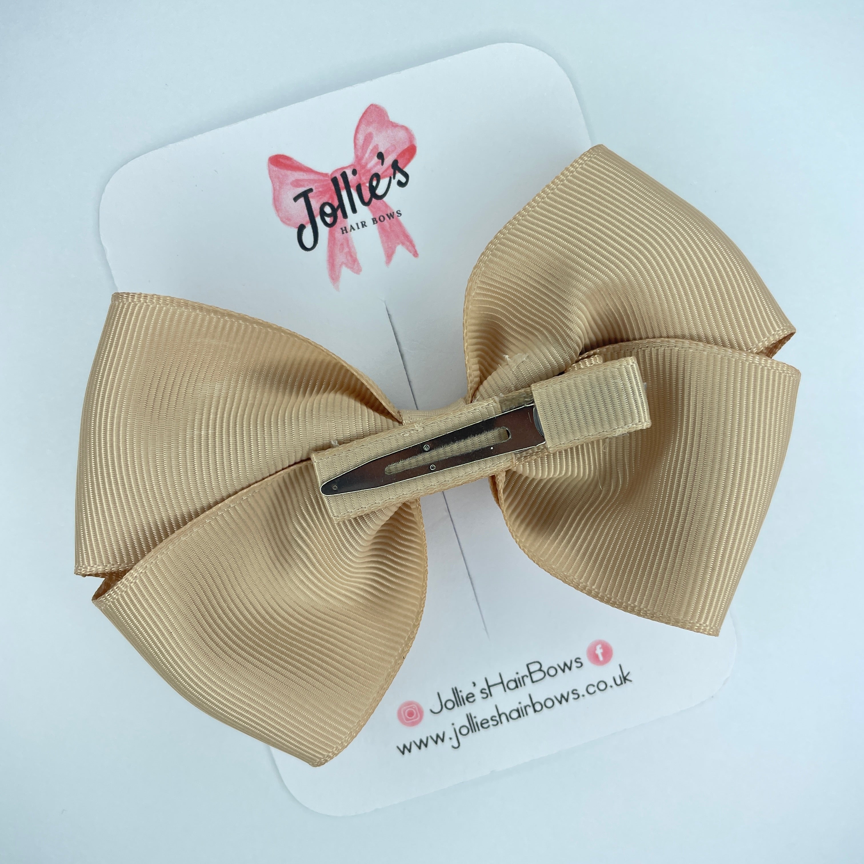 4" Tan Hair Bow with Clip – Grosgrain Ribbon with Lined Alligator Clip