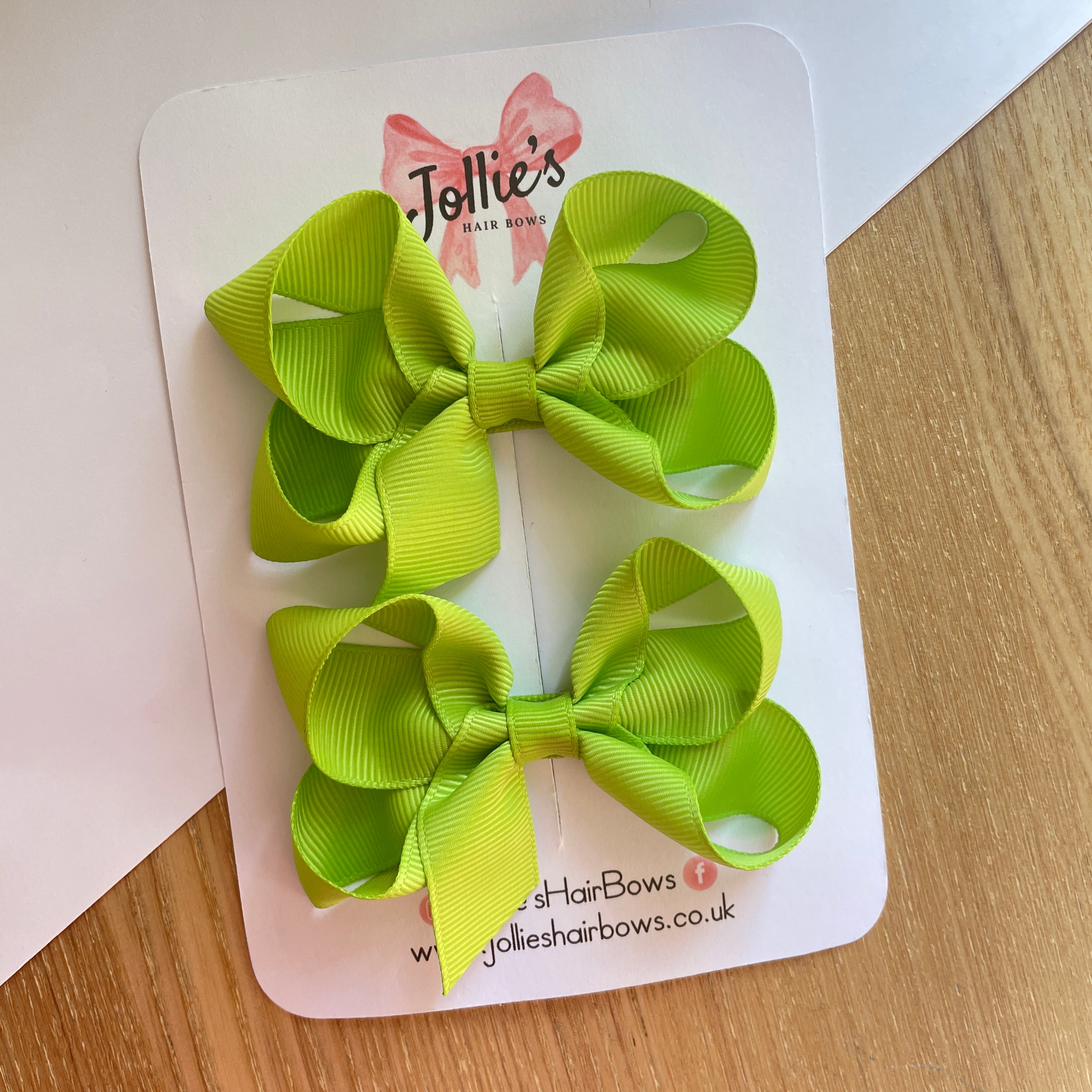 3" Apple Green Twisted Hair Bow Pair – Grosgrain Ribbon Clips for Girls