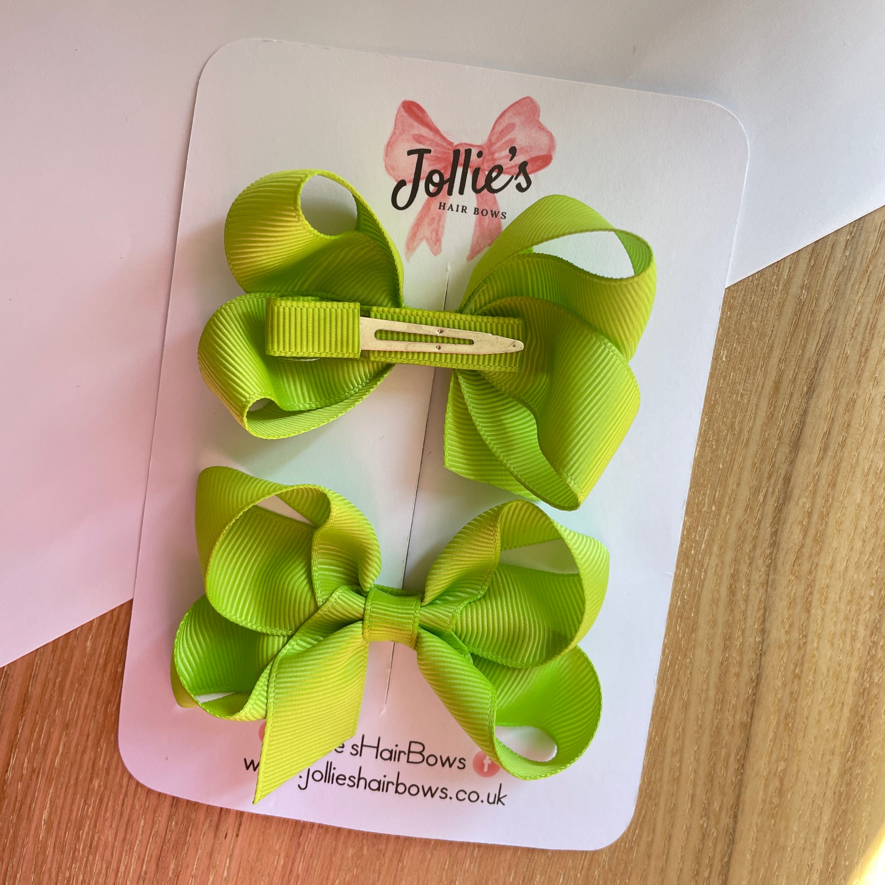 3" Apple Green Twisted Hair Bow Pair – Grosgrain Ribbon Clips for Girls