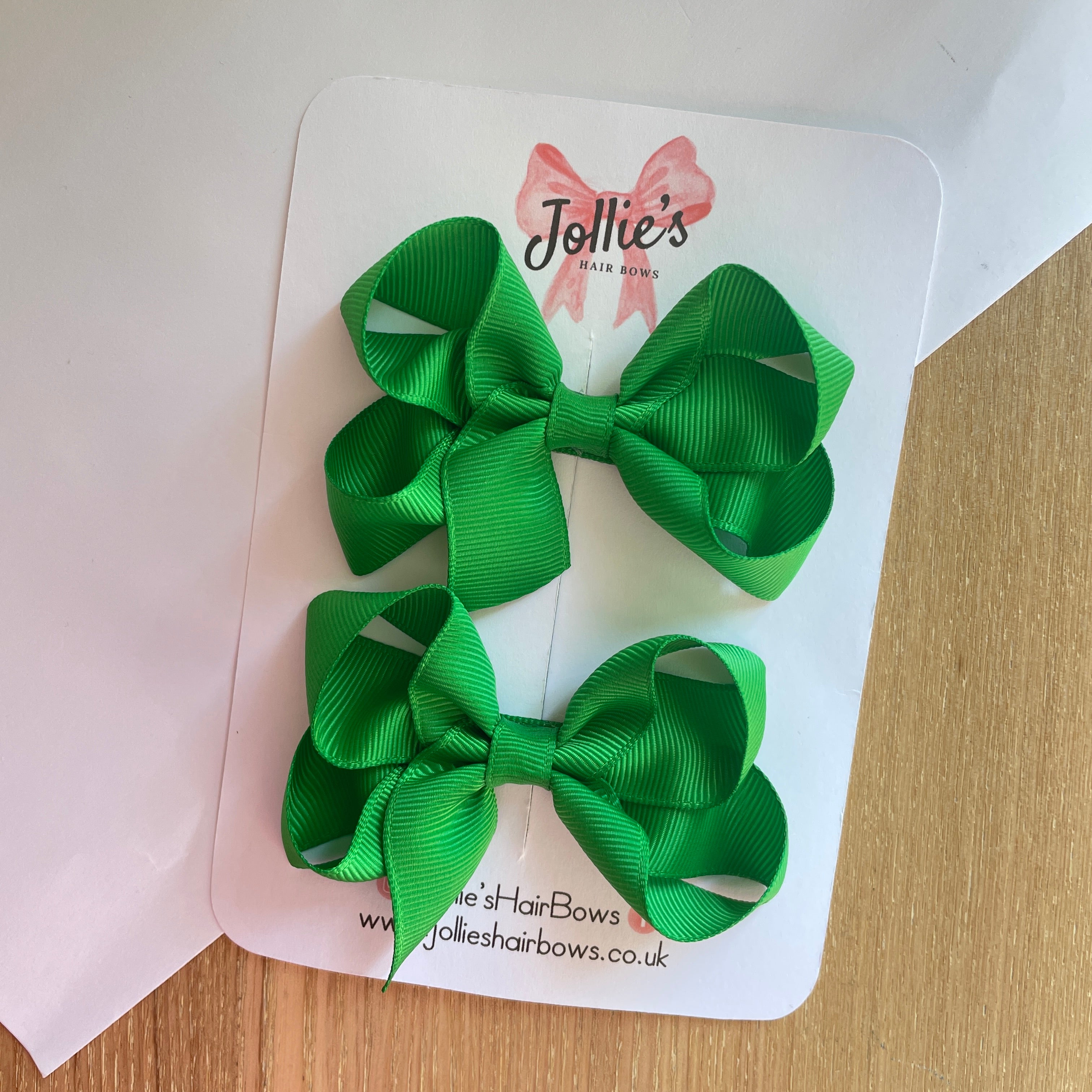 3" Emerald Green Twisted Hair Bow Pair – Grosgrain Ribbon Clips for Girls