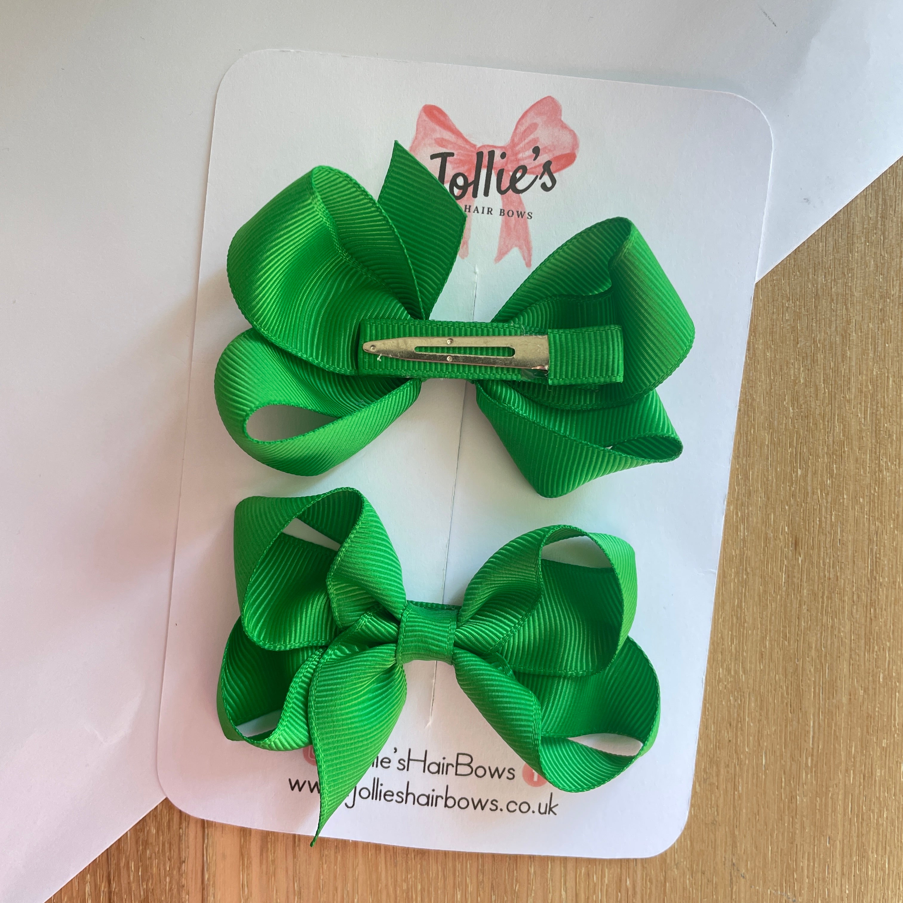 3" Emerald Green Twisted Hair Bow Pair – Grosgrain Ribbon Clips for Girls