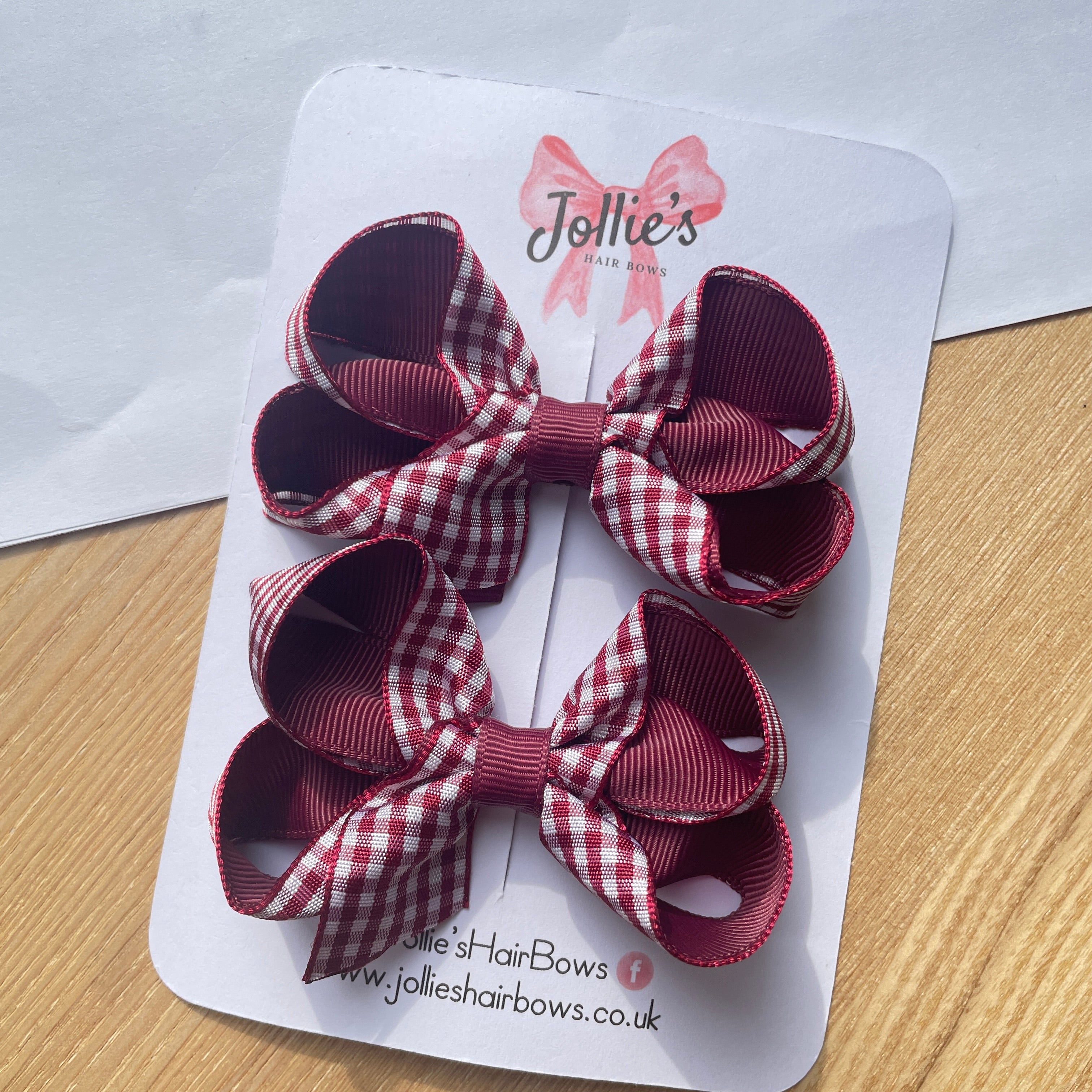 3" Burgundy Gingham Bow with Clip (Pair) – Grosgrain Ribbon Hair Bows for Girls