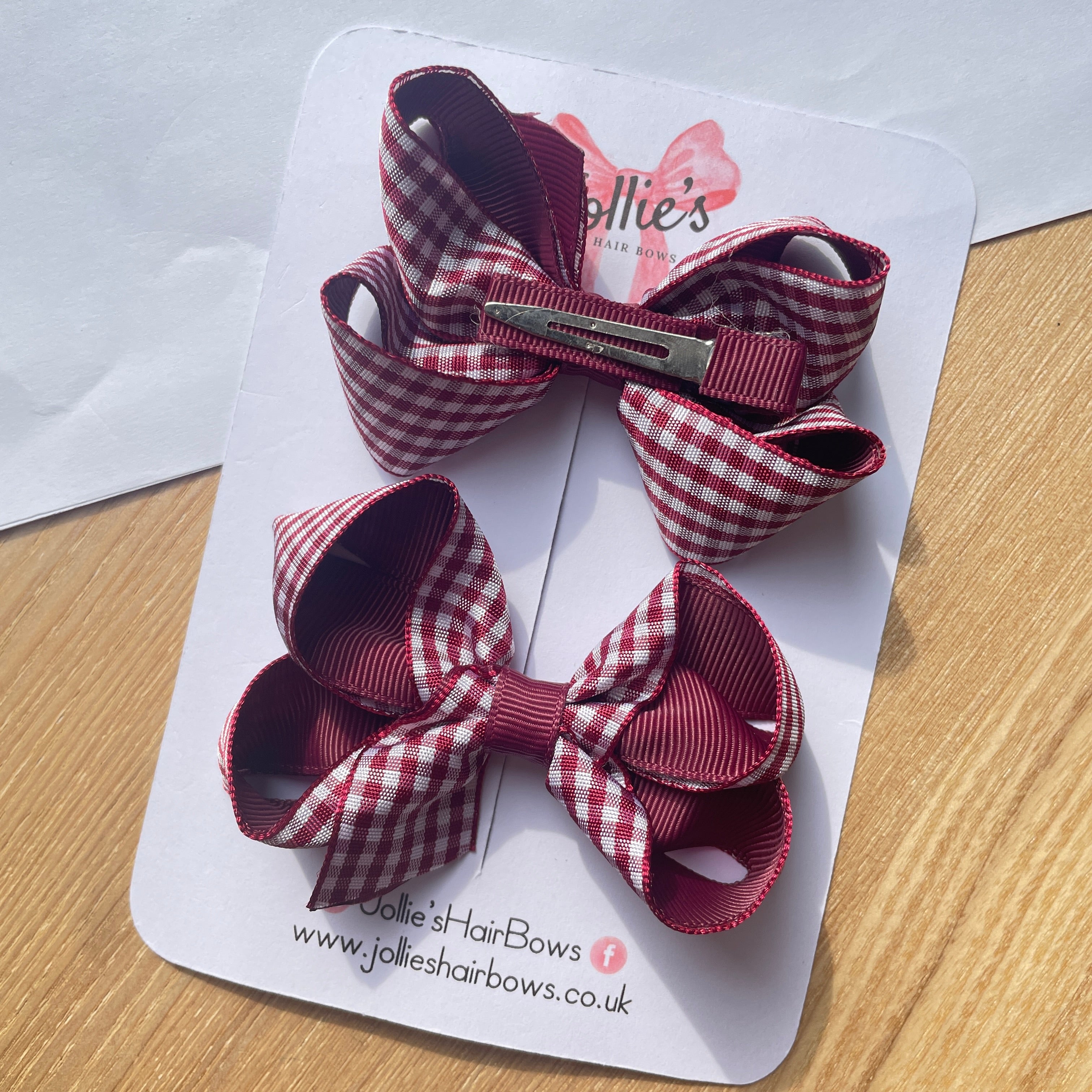 3" Burgundy Gingham Bow with Clip (Pair) – Grosgrain Ribbon Hair Bows for Girls