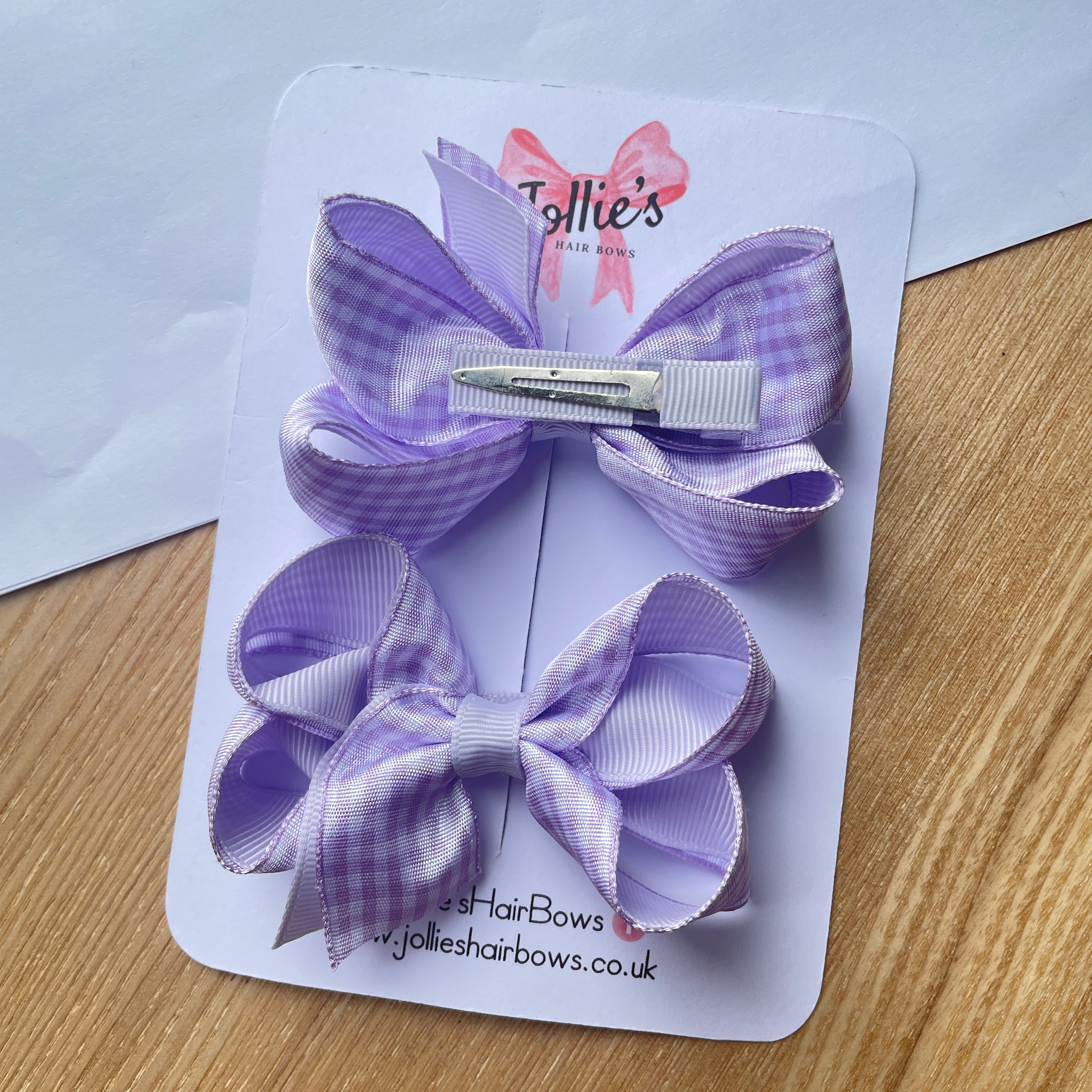 3" Lilac Gingham Bow with Clip (Pair) – Grosgrain Ribbon Hair Bows for Girls