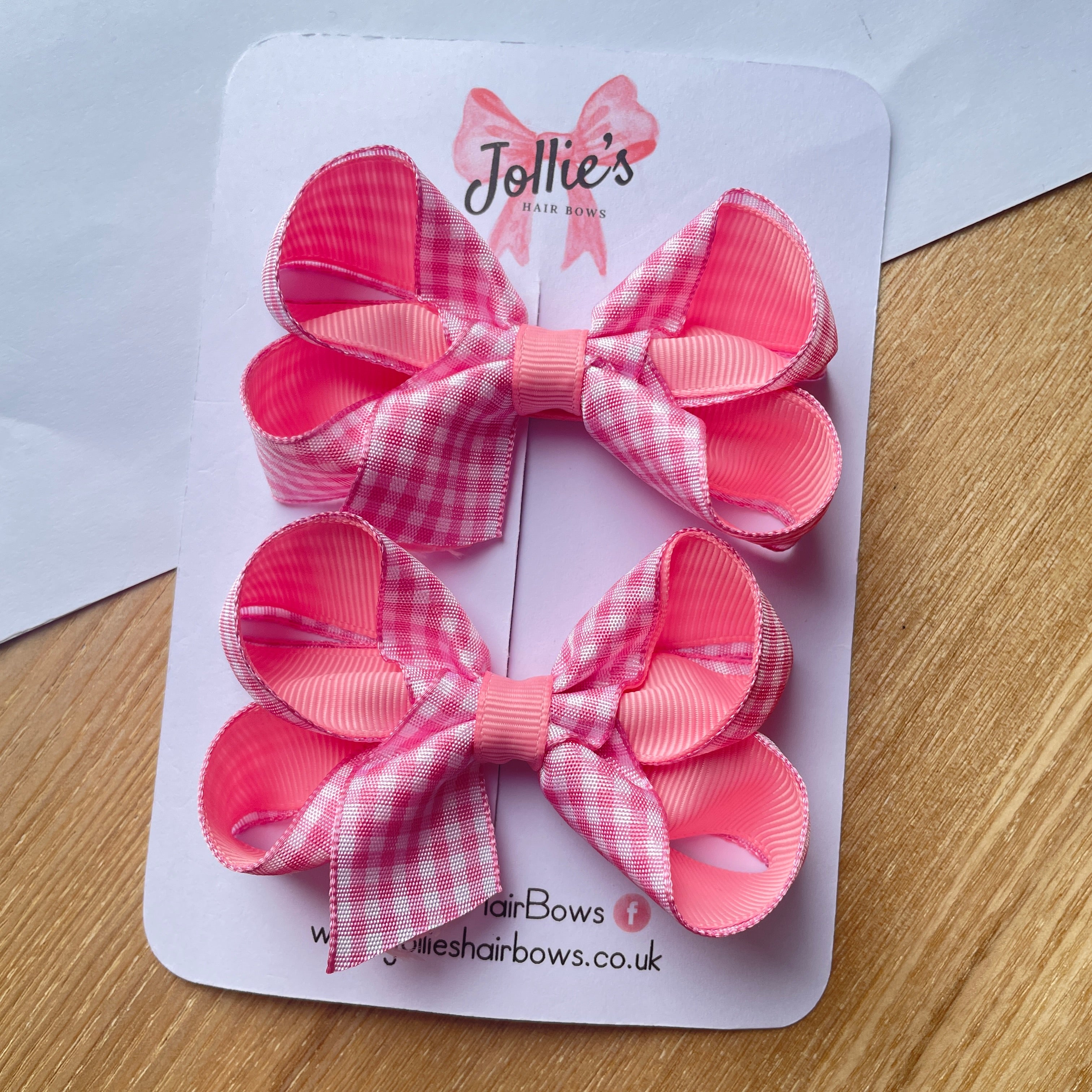 3" Pink Gingham Bow with Clip (Pair) – Grosgrain Ribbon Hair Bows for Girls