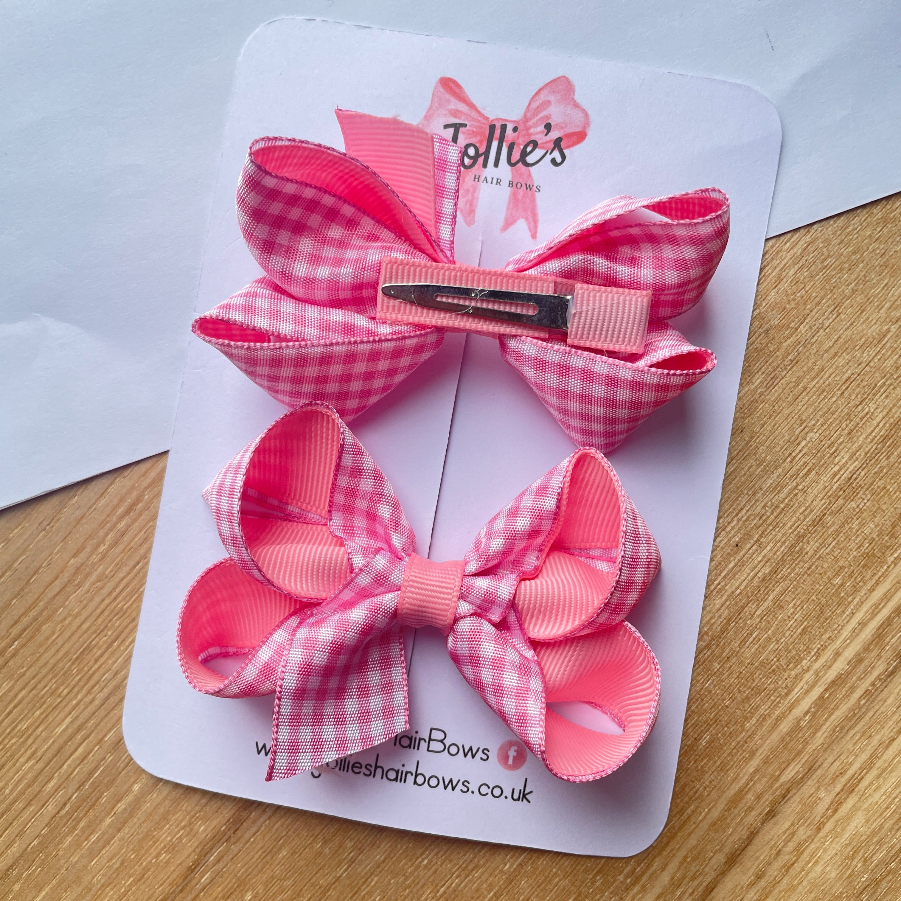 3" Pink Gingham Bow with Clip (Pair) – Grosgrain Ribbon Hair Bows for Girls