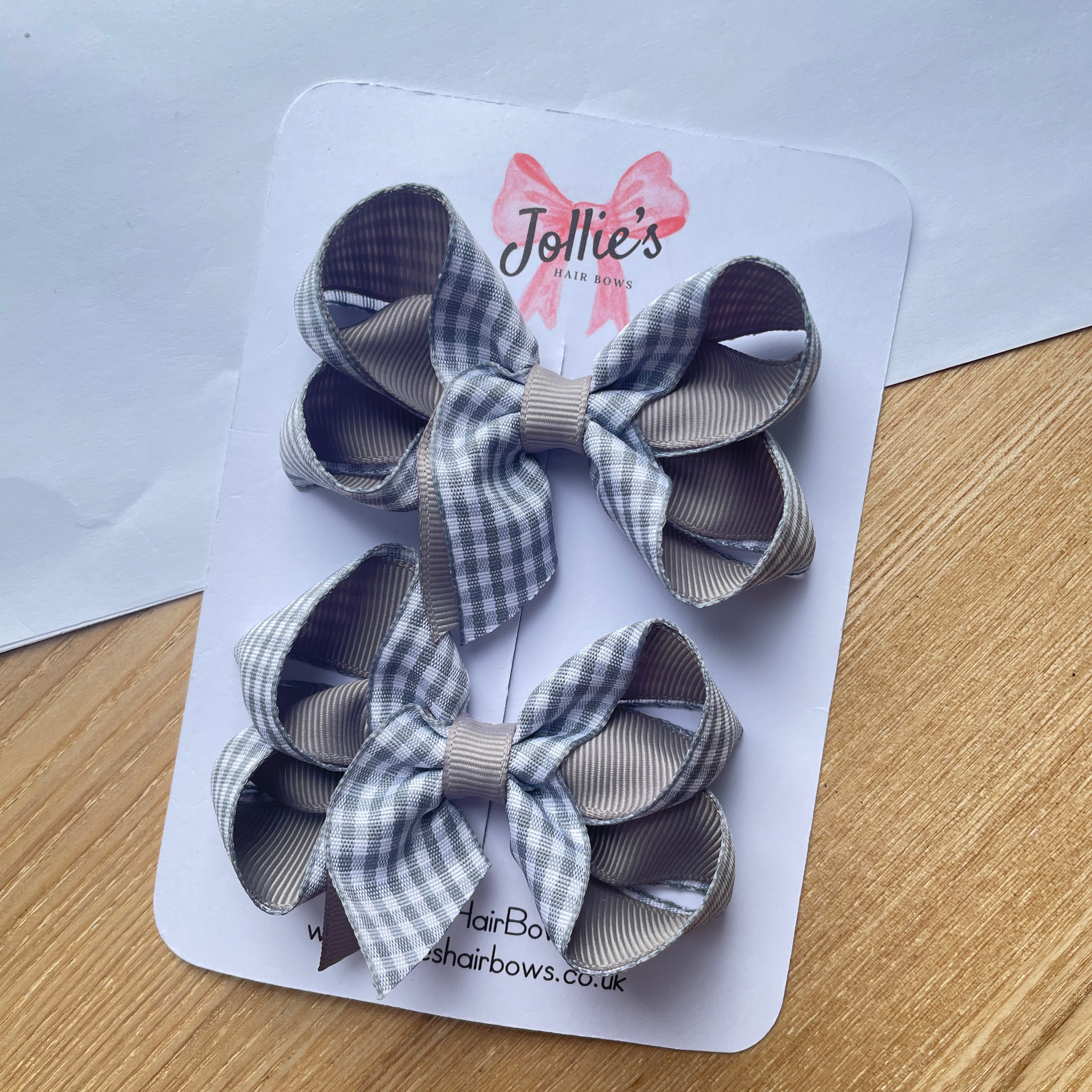 3" Silver Gingham Bow with Clip (Pair) – Grosgrain Ribbon Hair Bows for Girls