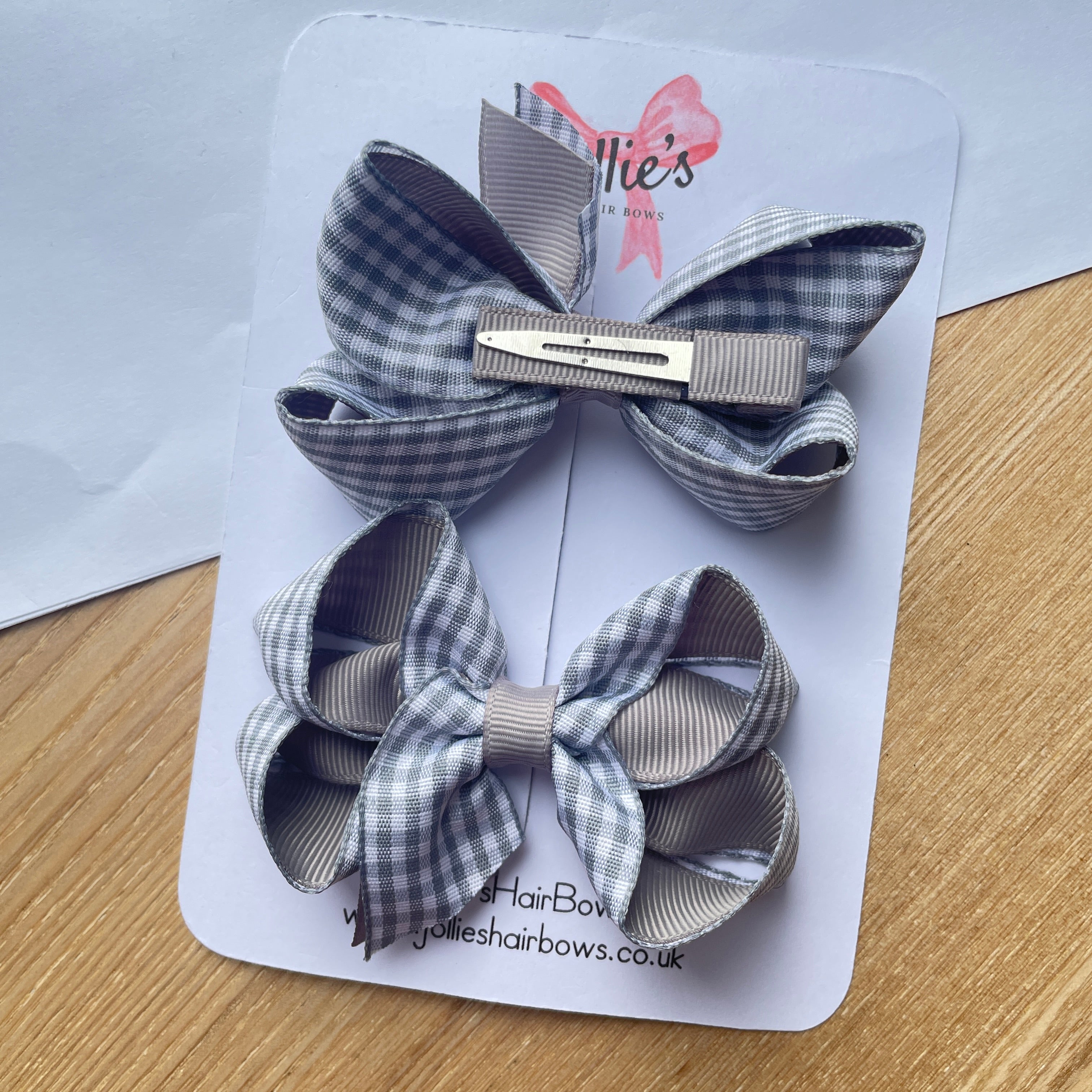 3" Silver Gingham Bow with Clip (Pair) – Grosgrain Ribbon Hair Bows for Girls