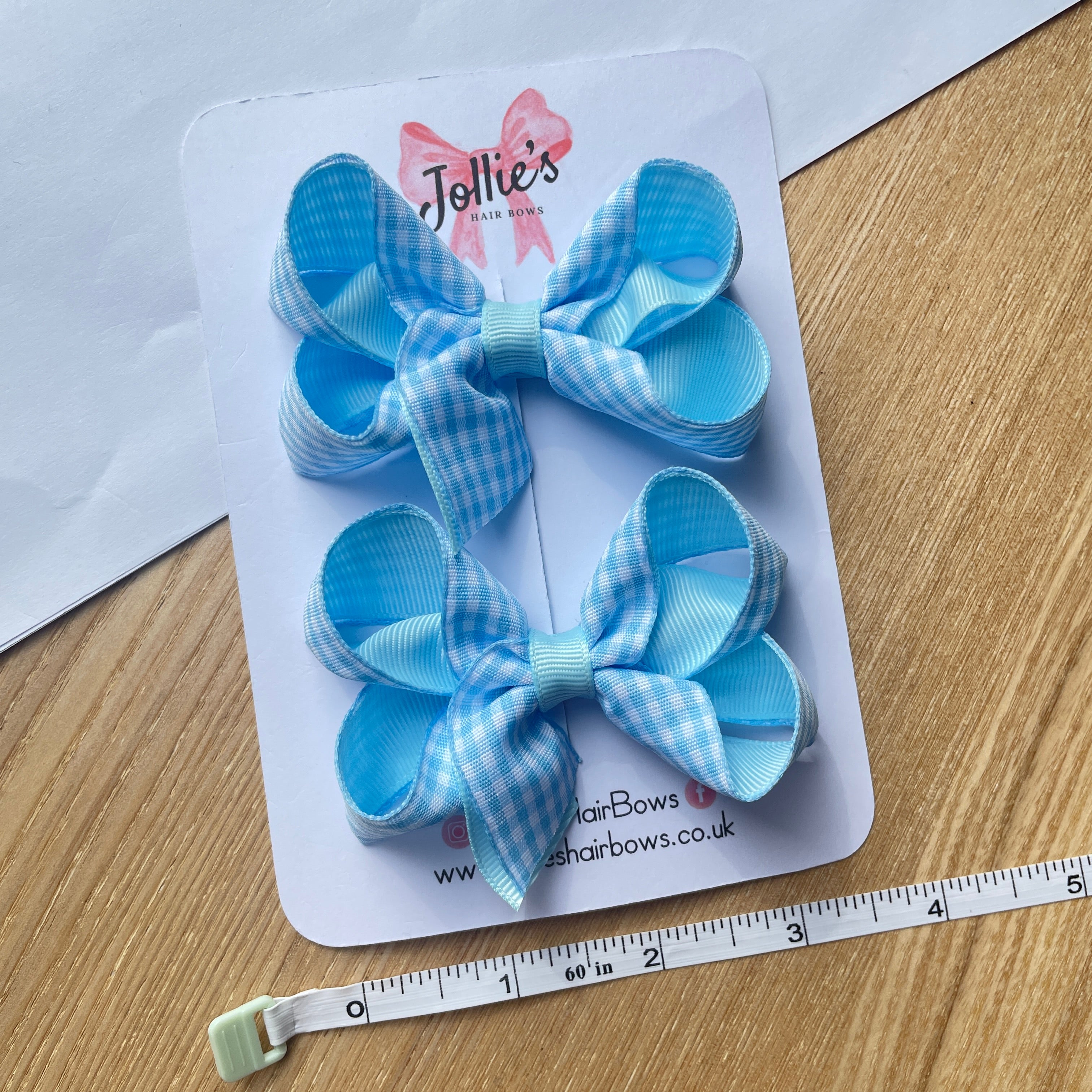 3" Light Blue Gingham Bow with Clip (Pair) – Grosgrain Ribbon Hair Bows for Girls