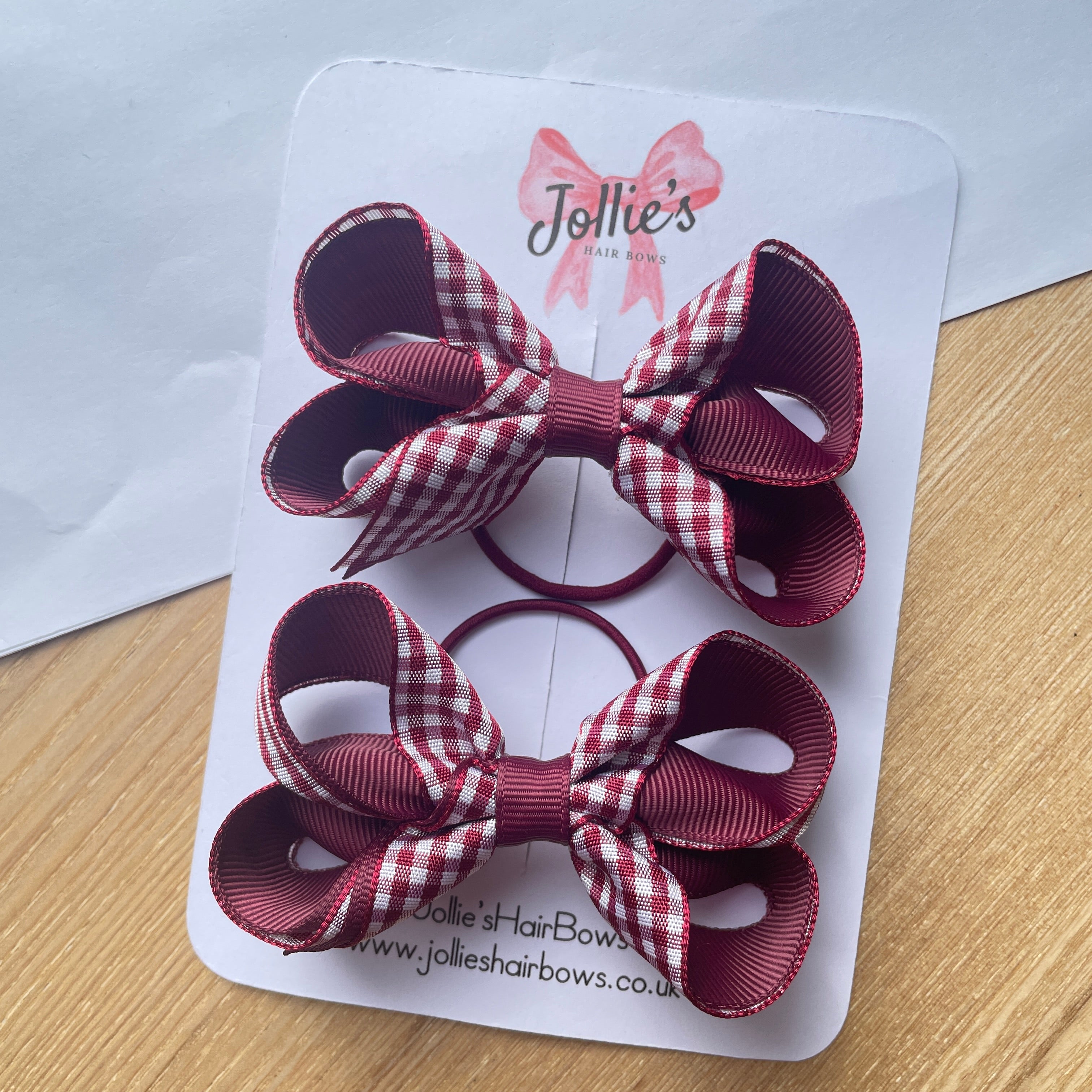 3" Burgundy Gingham Bow with Thin Elastic (Pair) – Grosgrain Ribbon Hair Bows for Girls