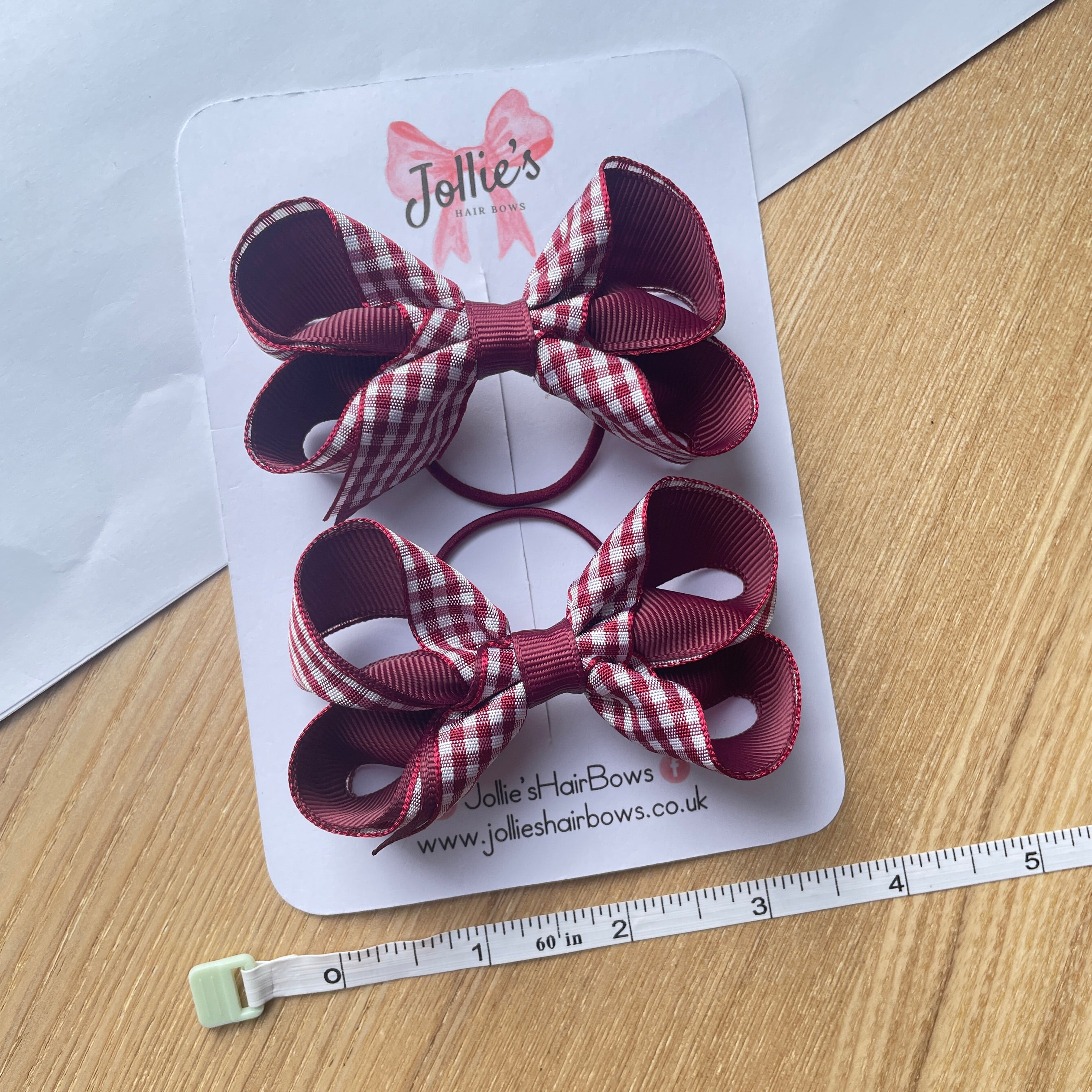 3" Burgundy Gingham Bow with Thin Elastic (Pair) – Grosgrain Ribbon Hair Bows for Girls