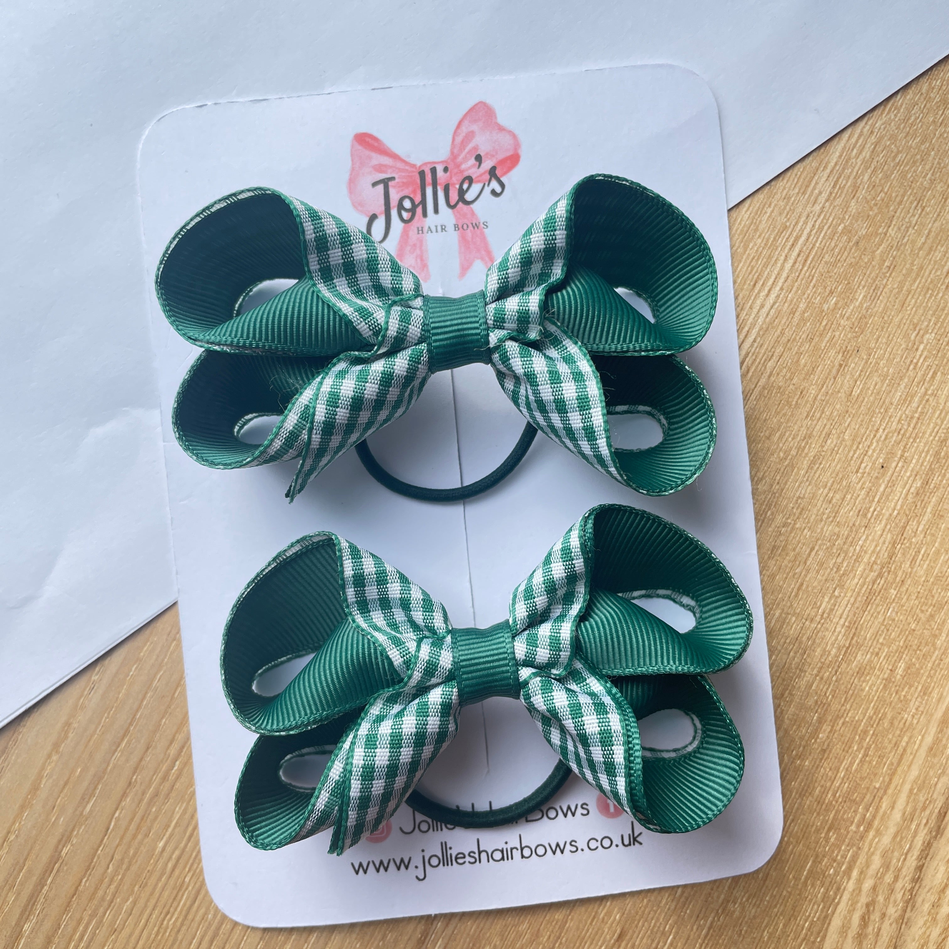 3" Green Gingham Bow with Thin Elastic (Pair) – Grosgrain Ribbon Hair Bows for Girls