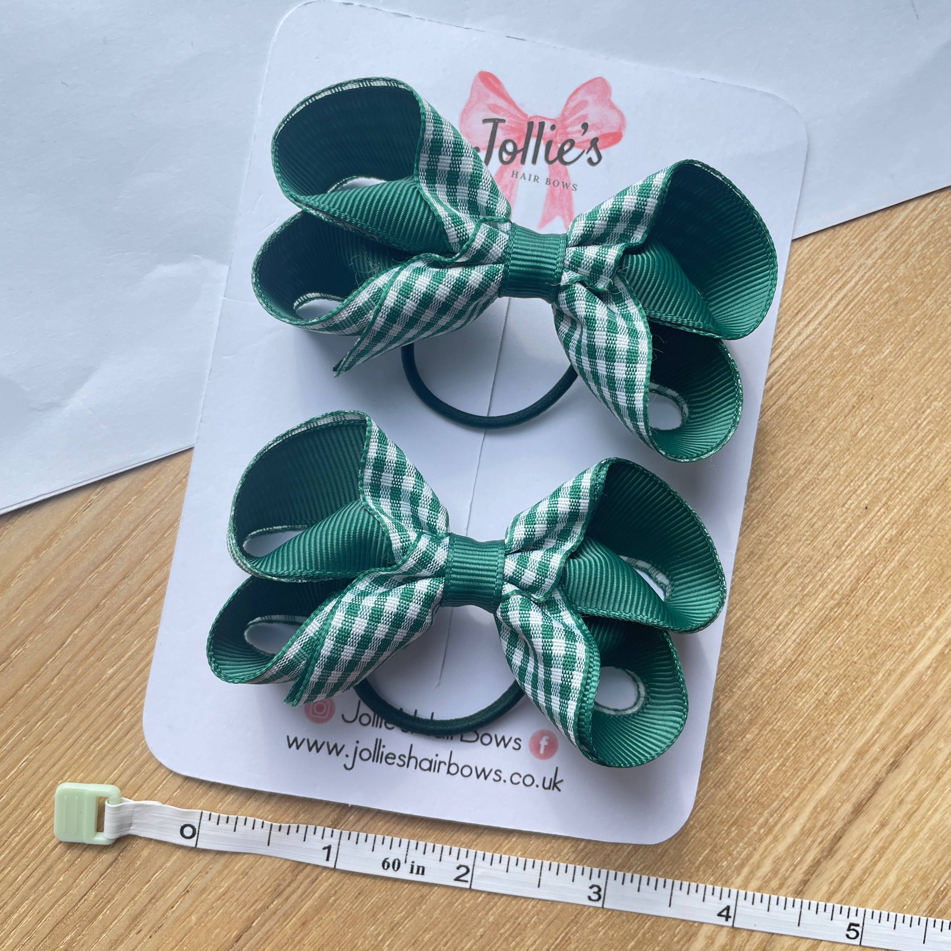 3" Green Gingham Bow with Thin Elastic (Pair) – Grosgrain Ribbon Hair Bows for Girls