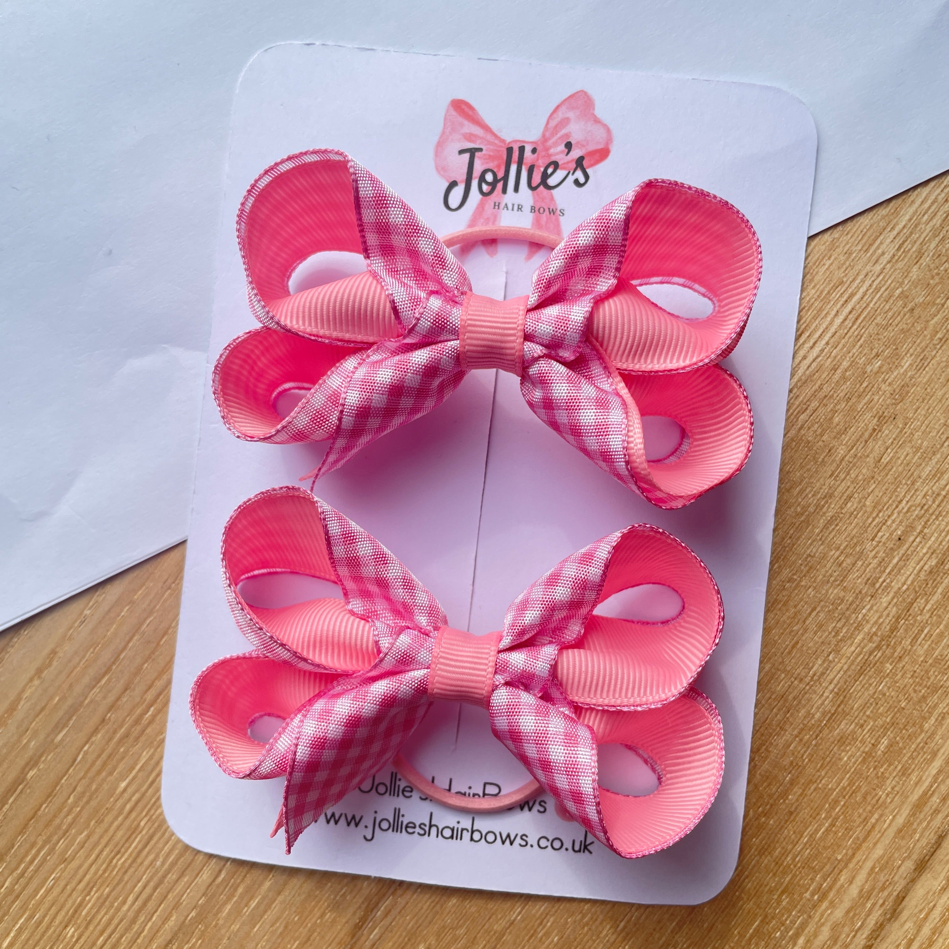 3" Pink Gingham Bow with Thin Elastic (Pair) – Grosgrain Ribbon Hair Bows for Girls