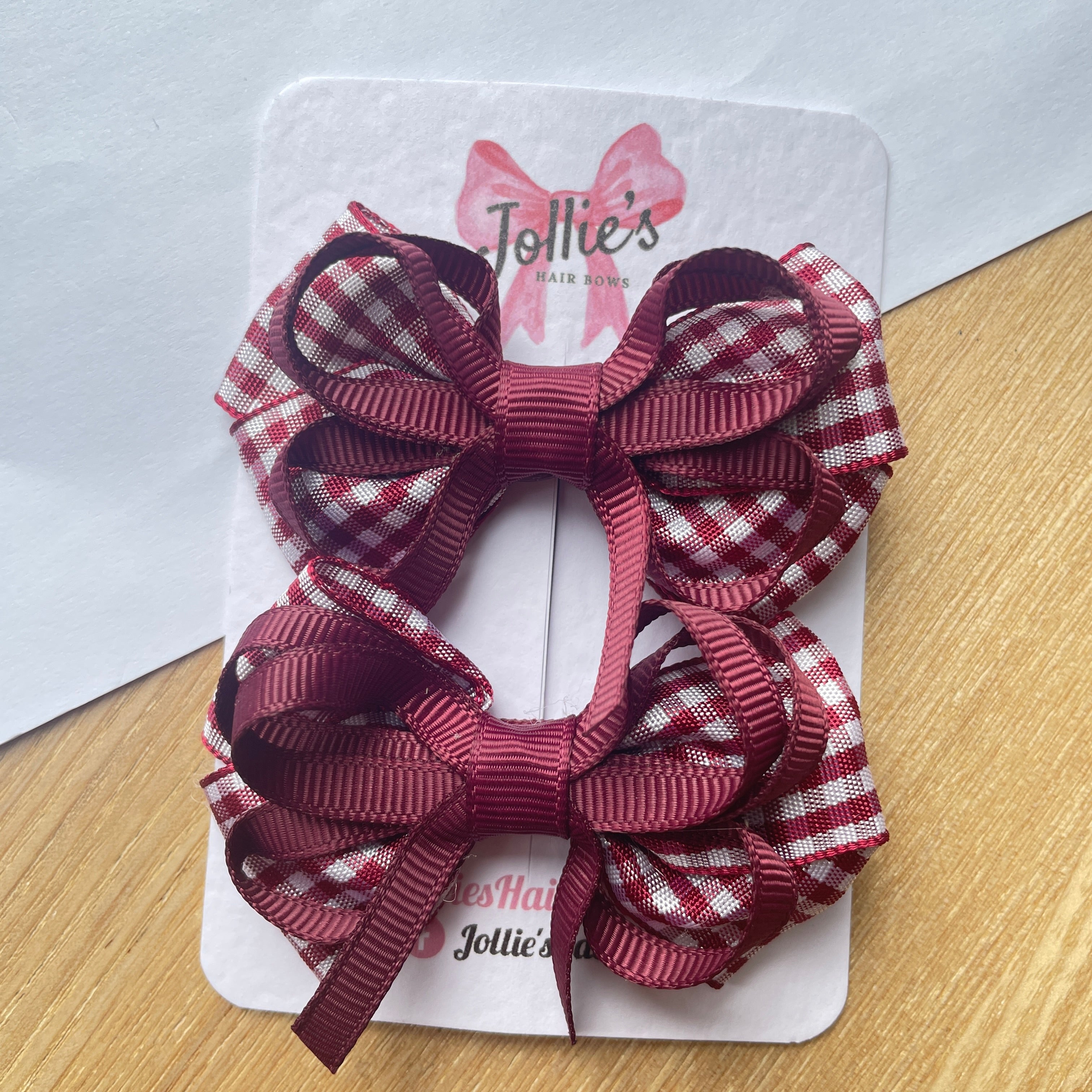 2.5" Burgundy Gingham Bow with Clip (Pair) – Grosgrain Ribbon Hair Bows for Girls