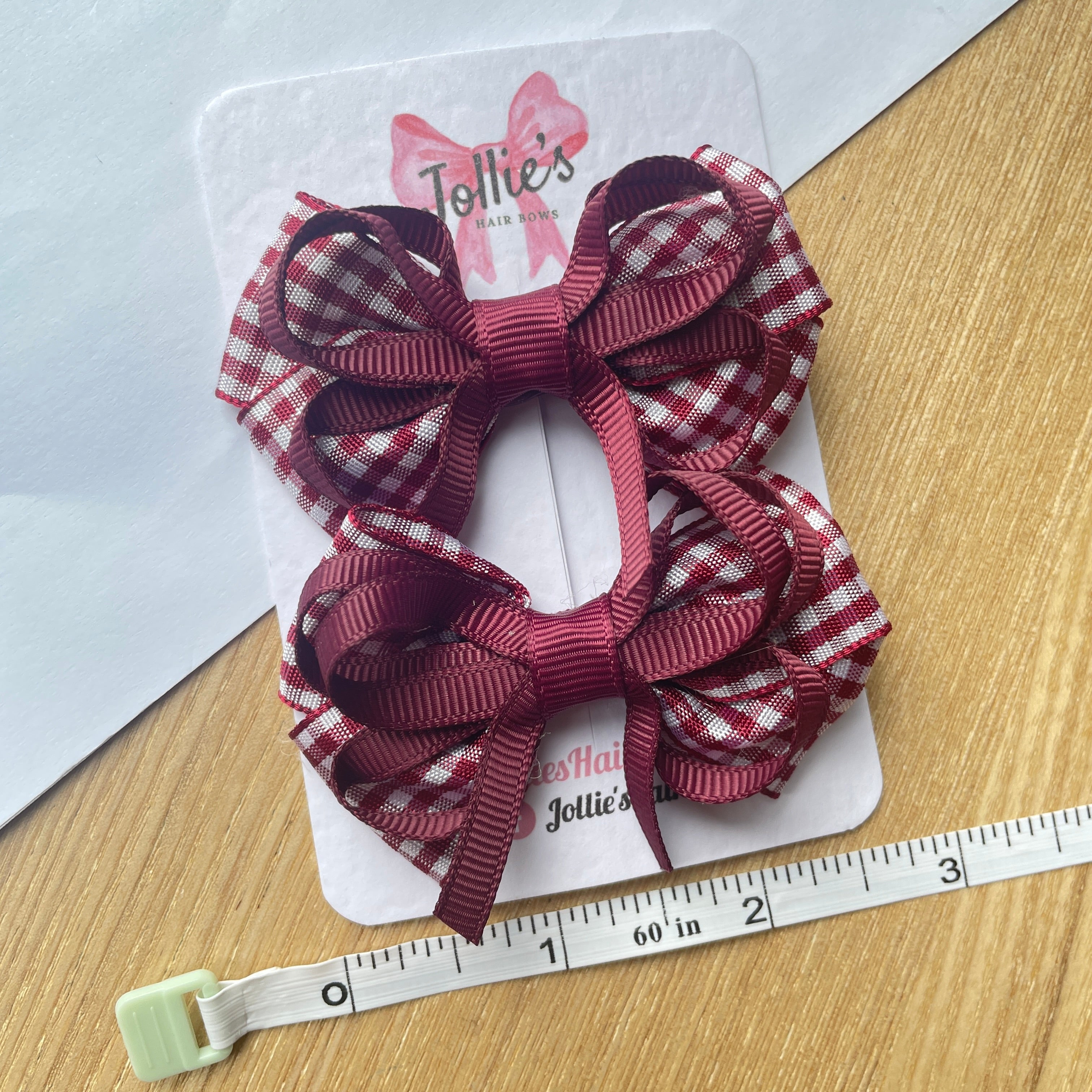 2.5" Burgundy Gingham Bow with Clip (Pair) – Grosgrain Ribbon Hair Bows for Girls