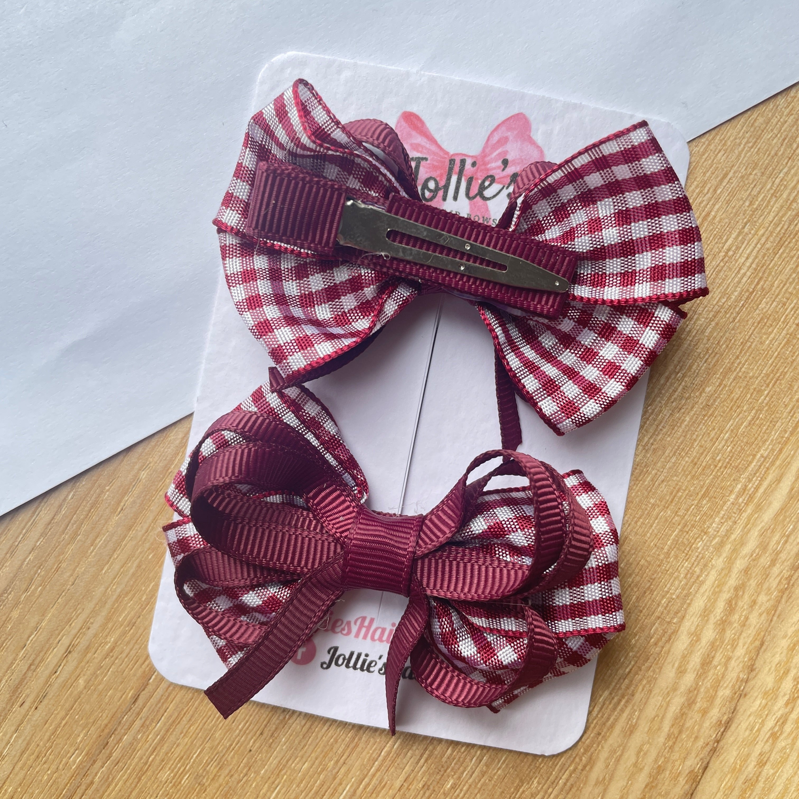 2.5" Burgundy Gingham Bow with Clip (Pair) – Grosgrain Ribbon Hair Bows for Girls