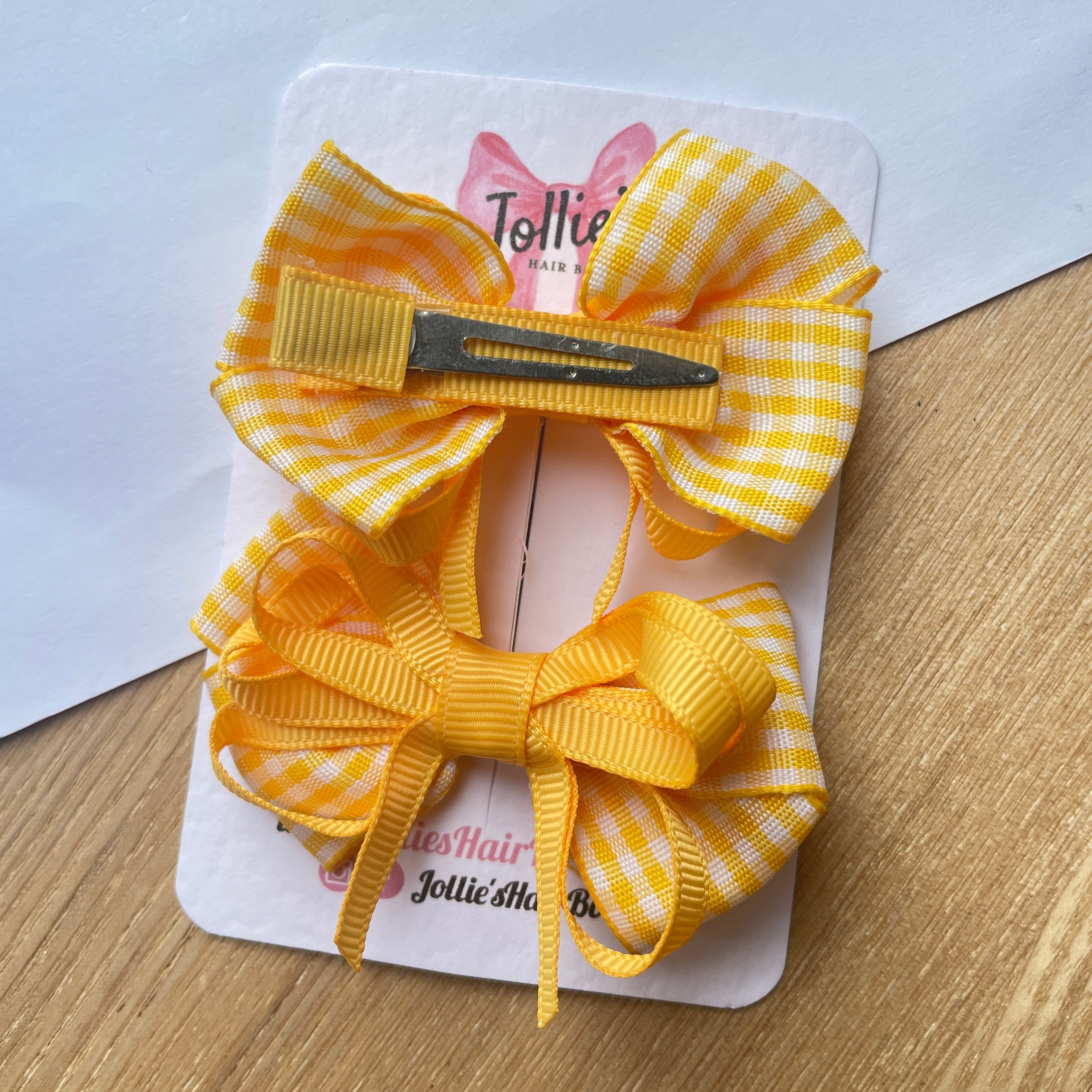 2.5" Yellow Gingham Bow with Clip (Pair) – Grosgrain Ribbon Hair Bows for Girls