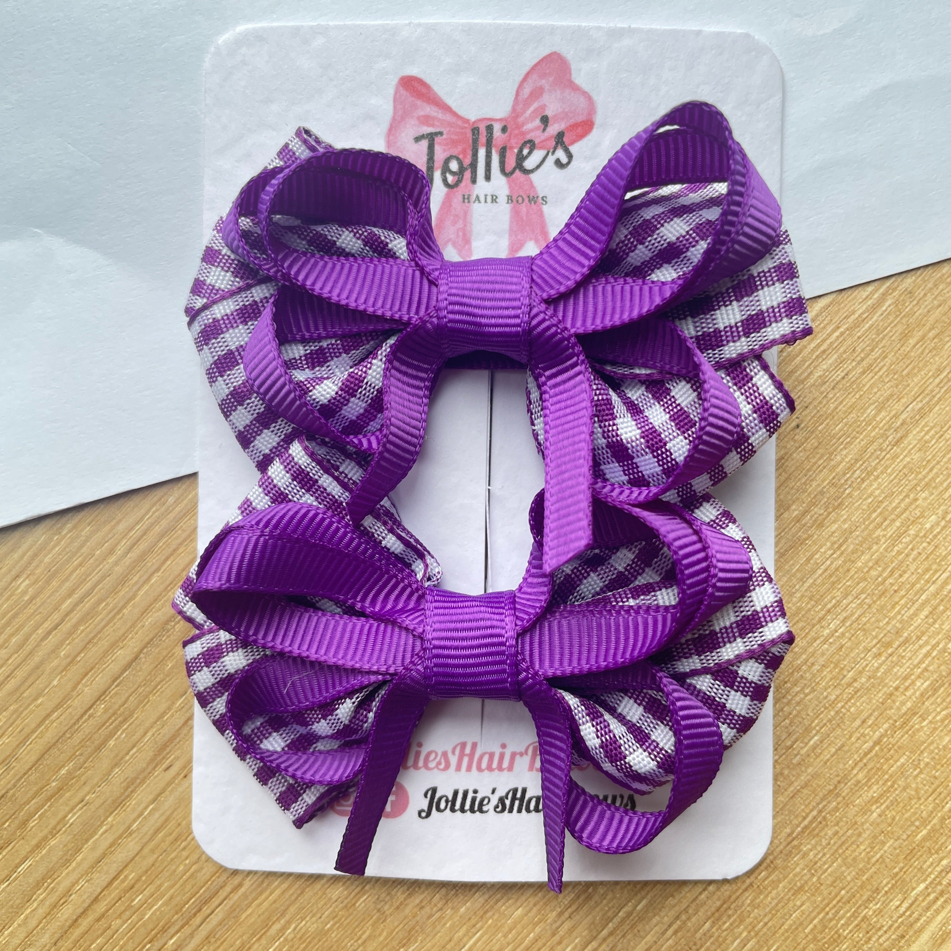 2.5" Purple Gingham Bow with Clip (Pair) – Grosgrain Ribbon Hair Bows for Girls