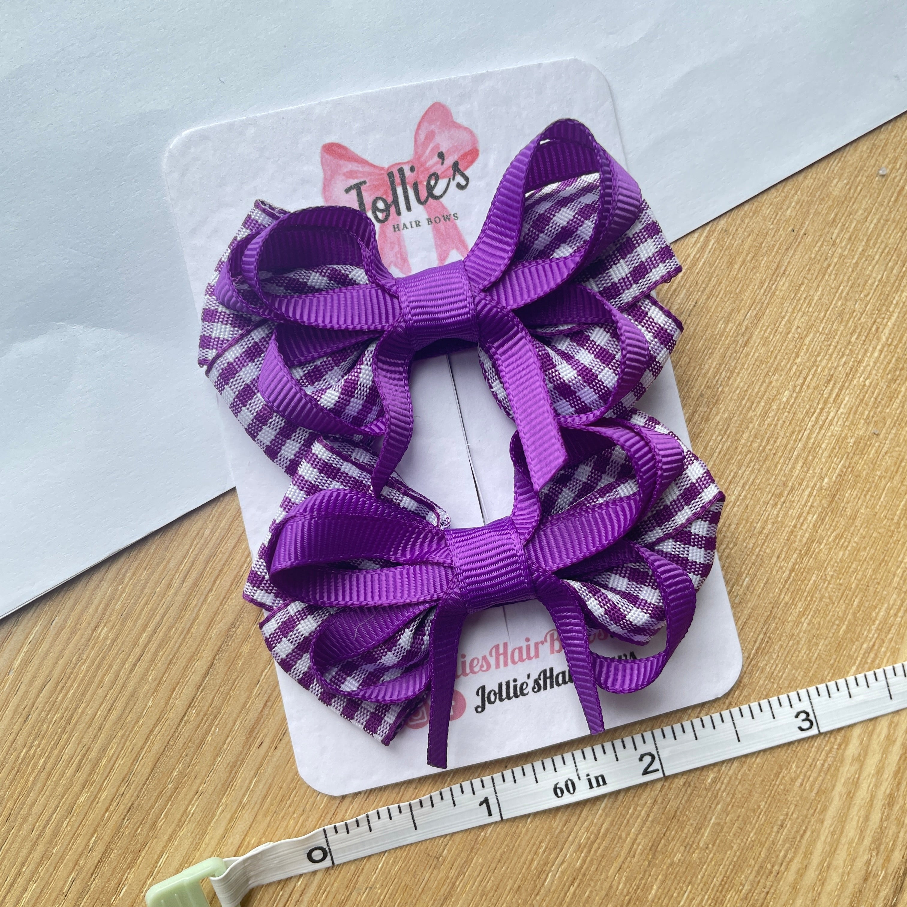 2.5" Purple Gingham Bow with Clip (Pair) – Grosgrain Ribbon Hair Bows for Girls