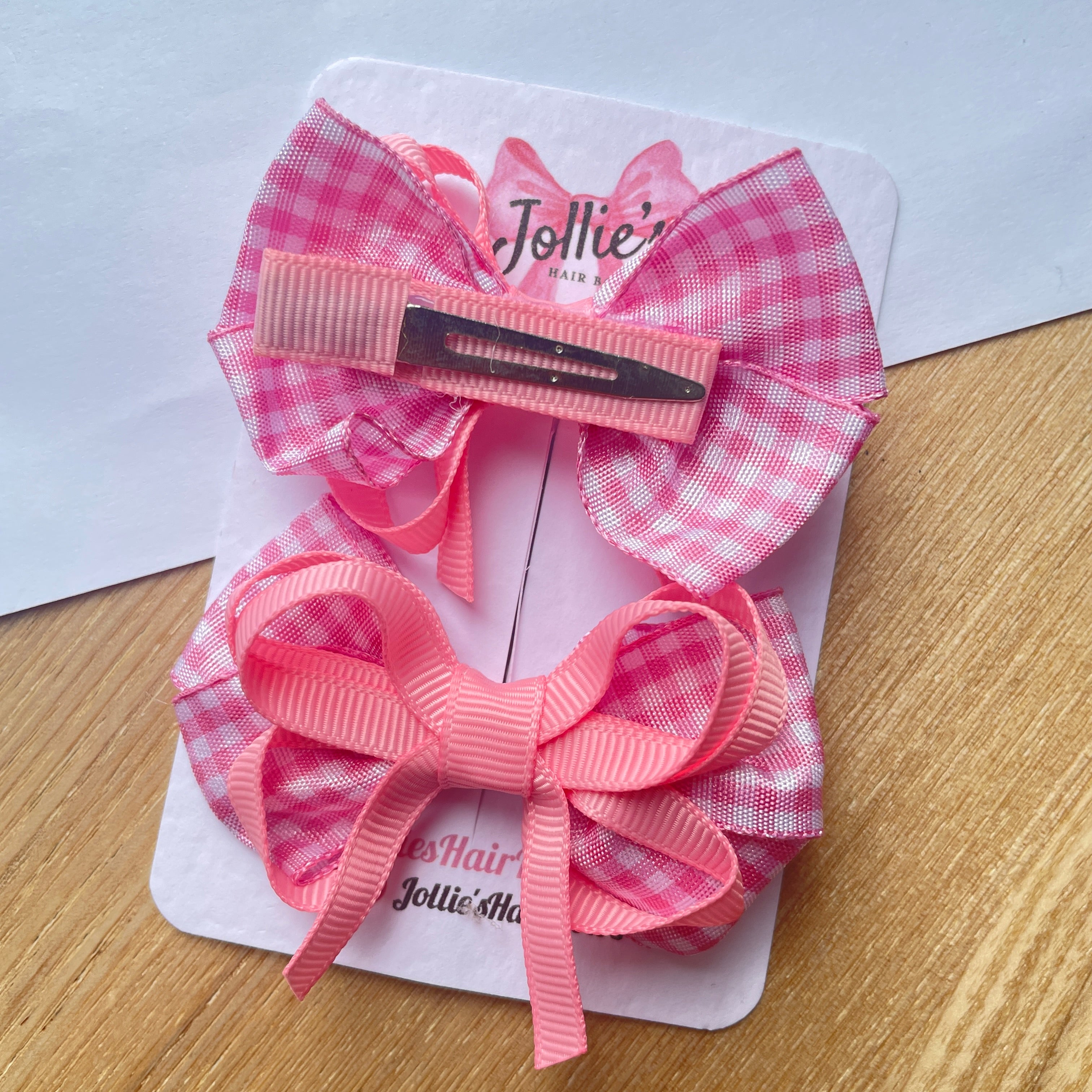 2.5" Pink Gingham Bow with Clip (Pair) – Grosgrain Ribbon Hair Bows for Girls