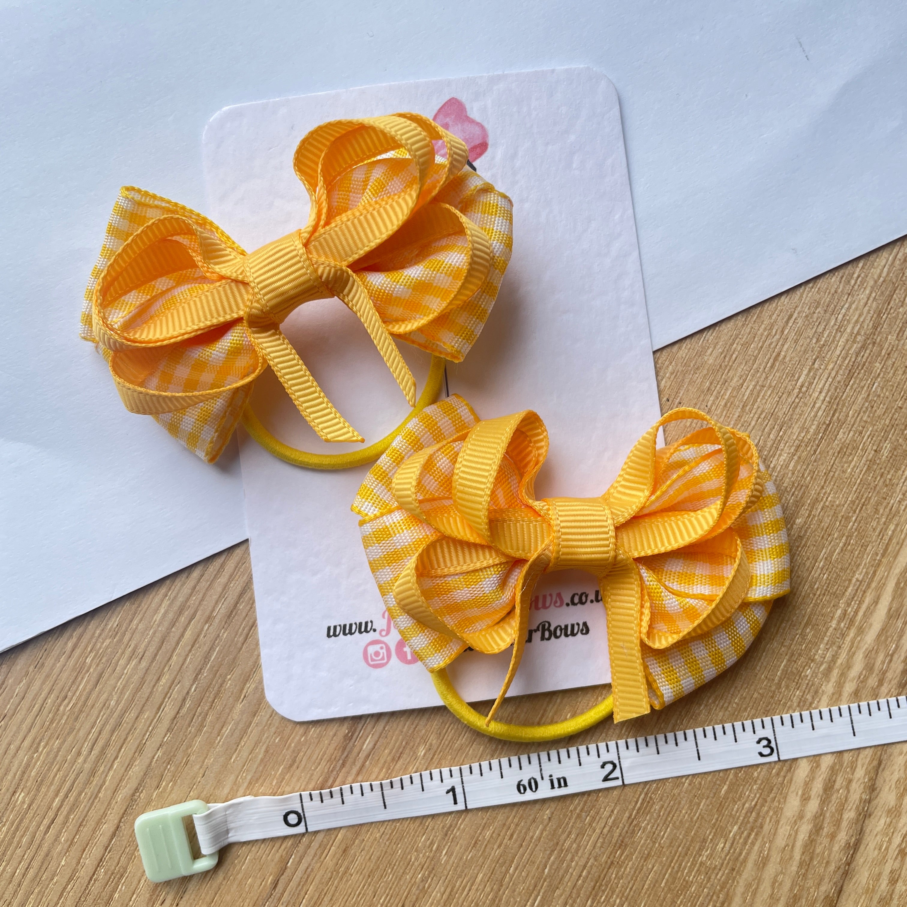 2.5" Yellow Gingham Bow with Thin Elastic (Pair) – Grosgrain Ribbon Hair Bows for Girls