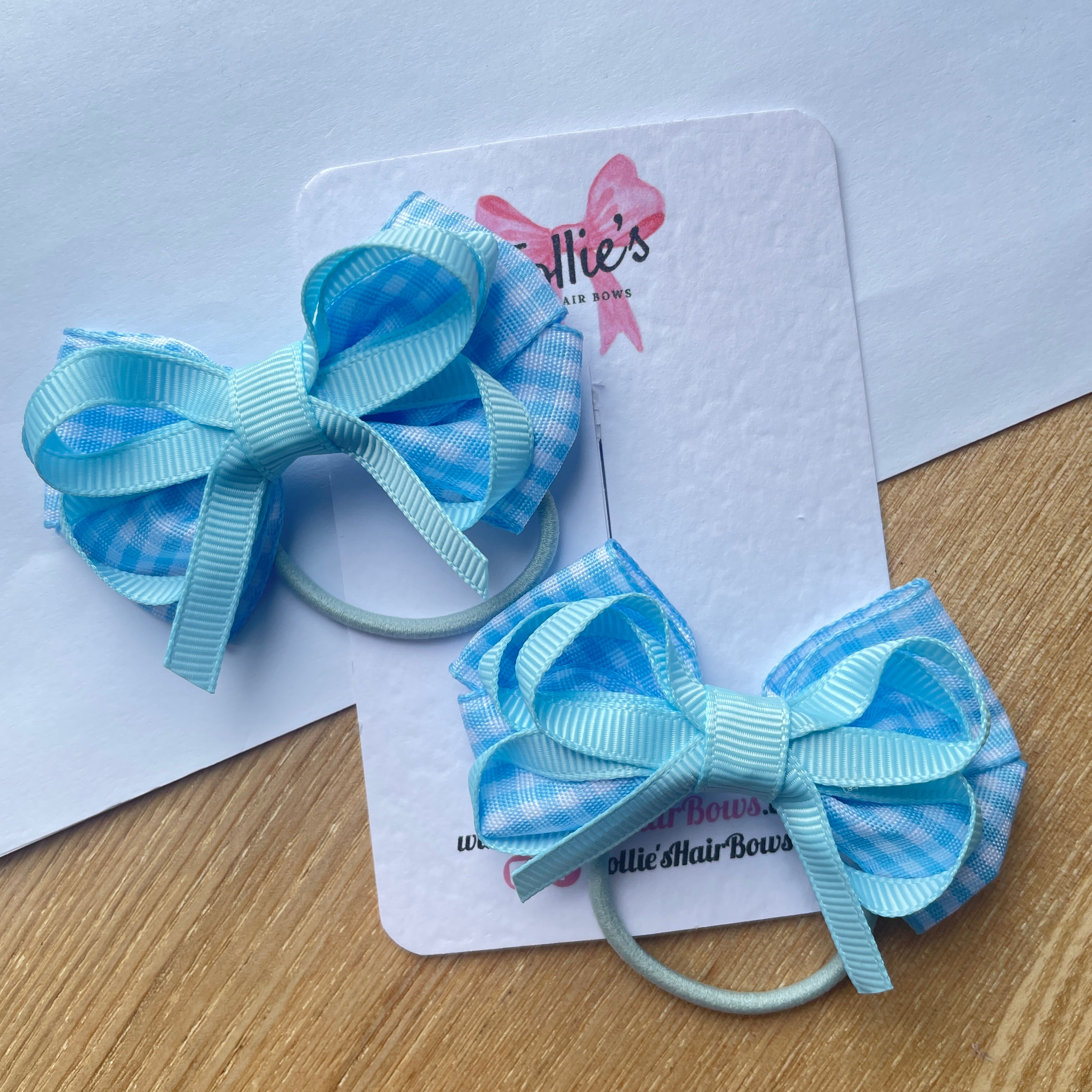 2.5" Light Blue Gingham Bow with Thin Elastic (Pair) – Grosgrain Ribbon Hair Bows for Girls