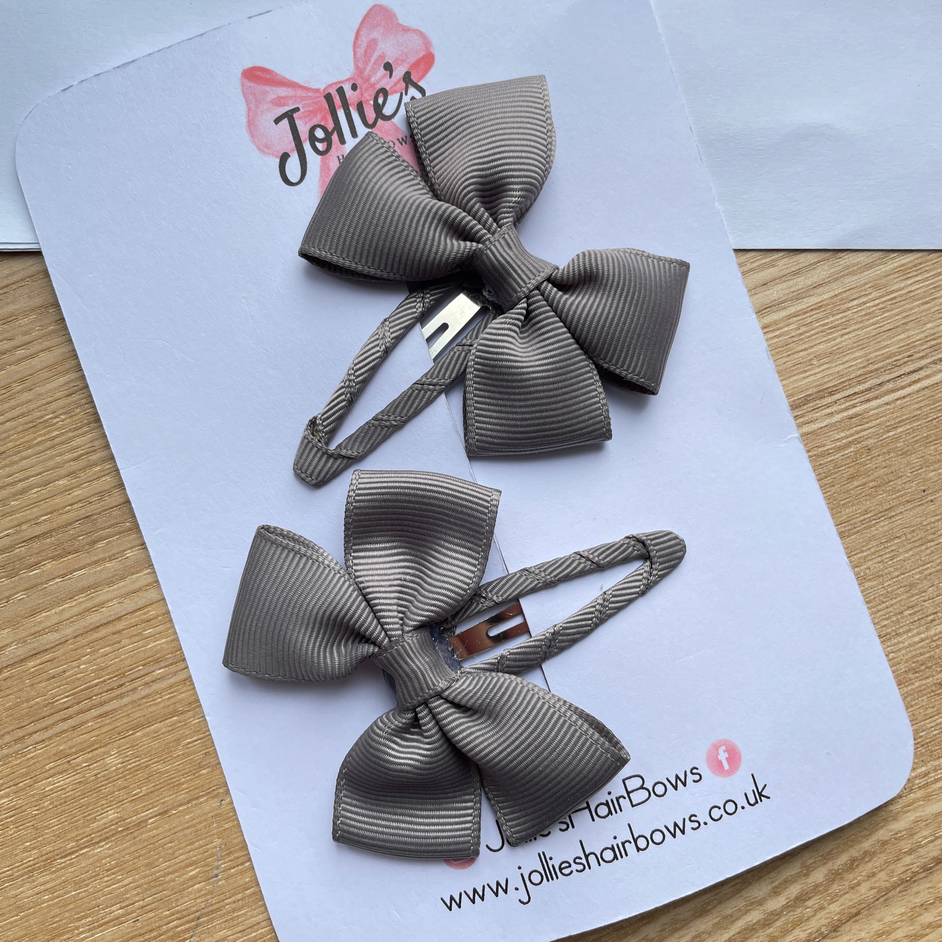2.5" Metal Grey Classic Snap Clips – Grosgrain Ribbon Hair Clips for Girls (Pair)
