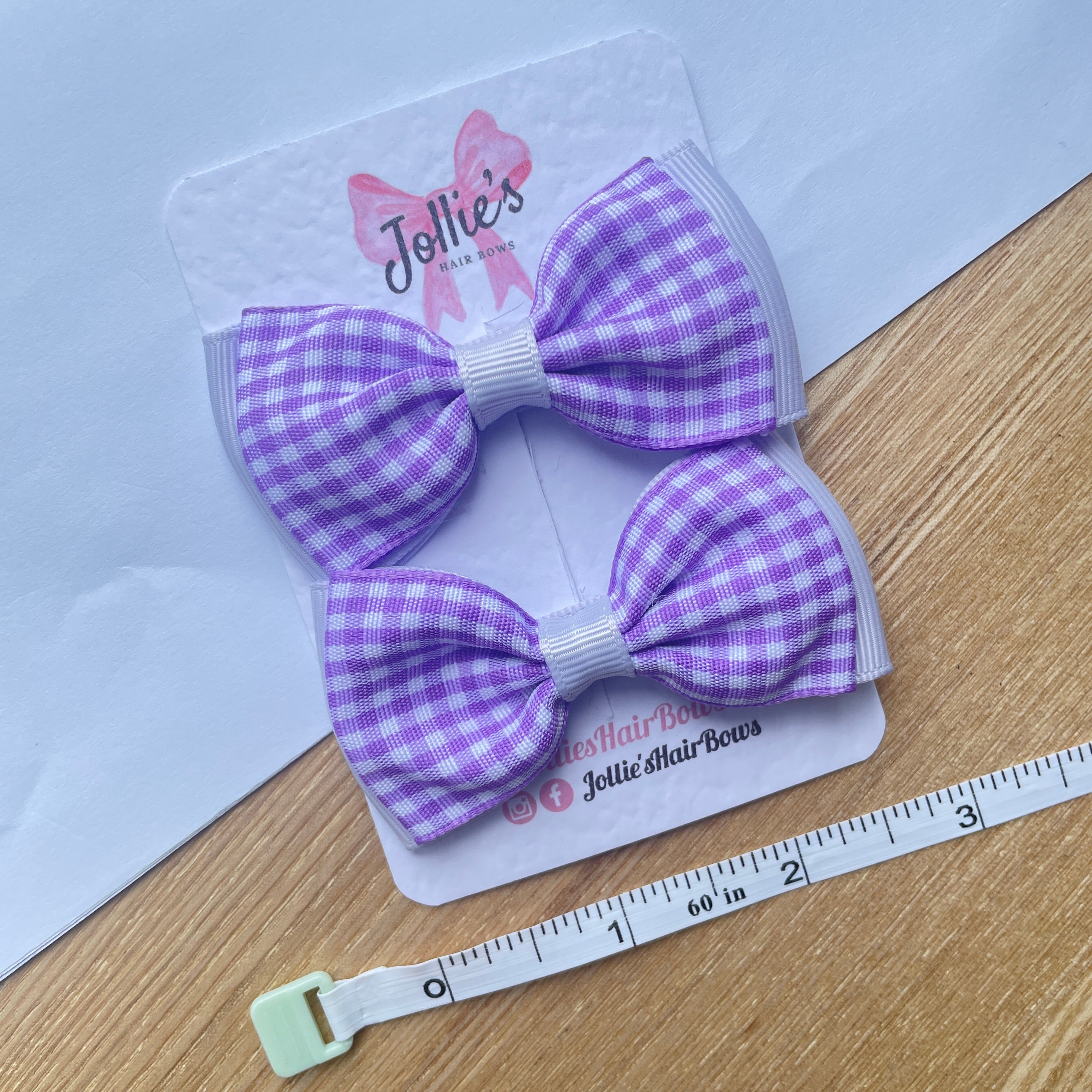 3" Lilac Gingham Flat Double Hair Bows (Pair) – Grosgrain Ribbon with Lined Alligator Clips