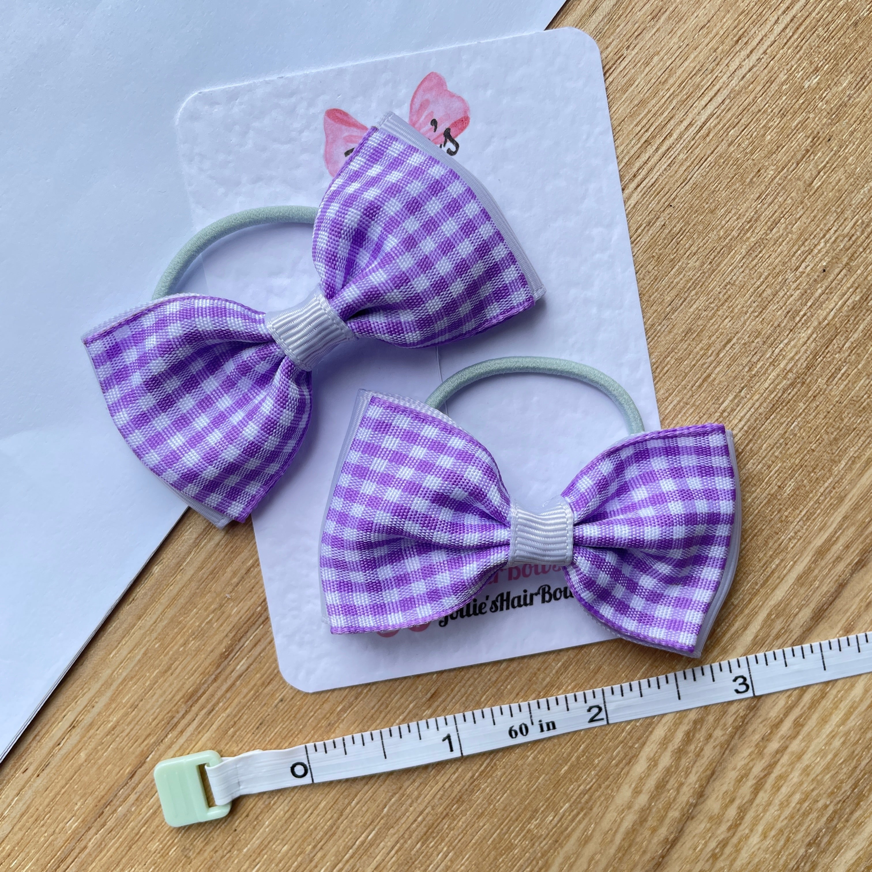 3" Lilac Gingham Flat Double Hair Bows (Pair) – Grosgrain Ribbon with Thin Elastic