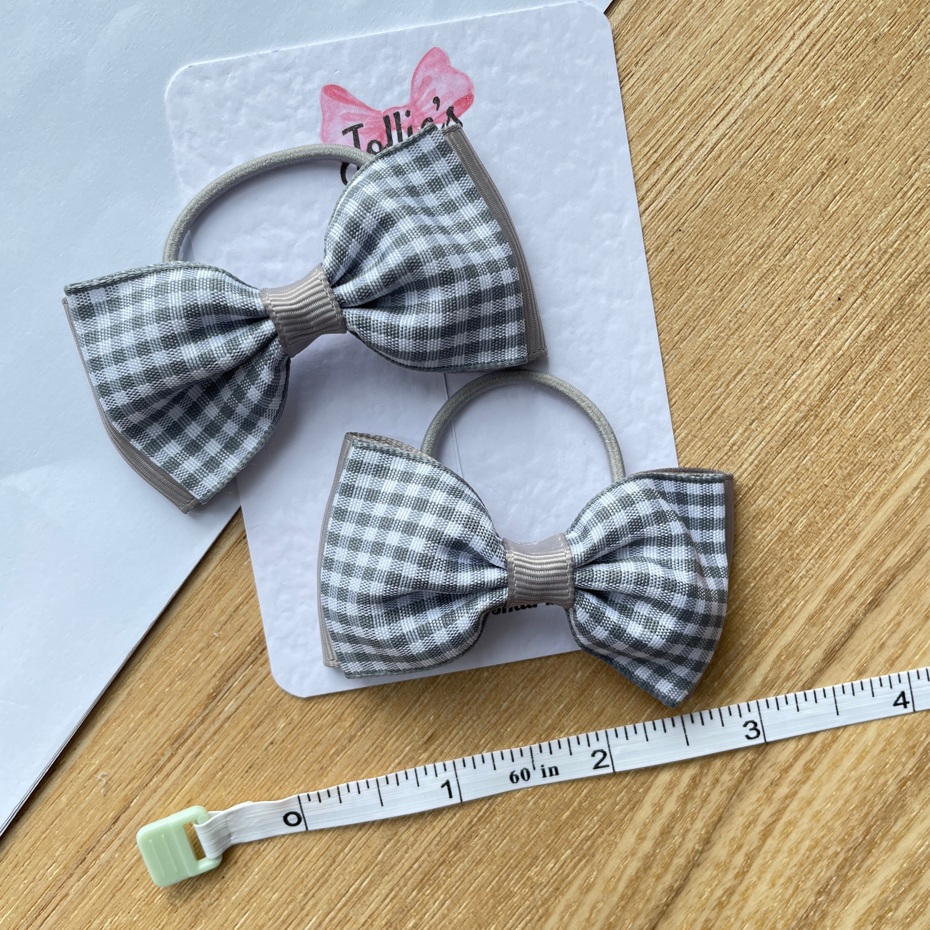 3" Silver Gingham Flat Double Hair Bows (Pair) – Grosgrain Ribbon with Thin Elastic