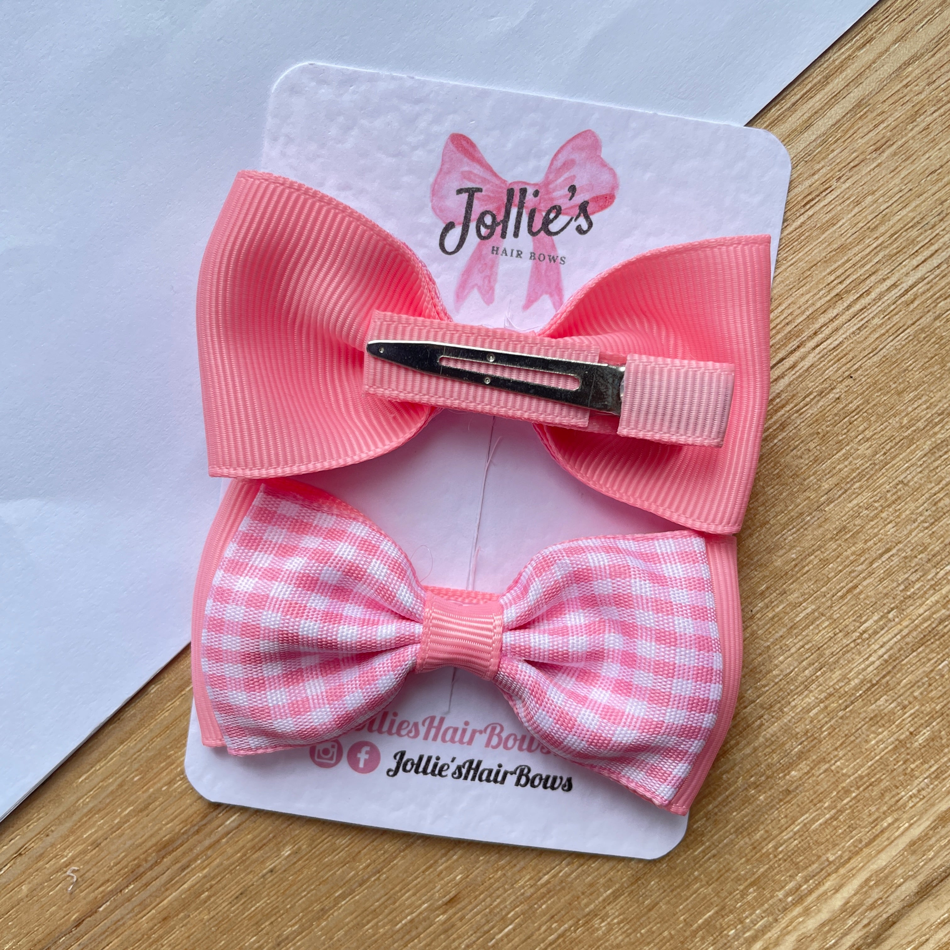 3" Pink Gingham Flat Double Hair Bows (Pair) – Grosgrain Ribbon with Lined Alligator Clips