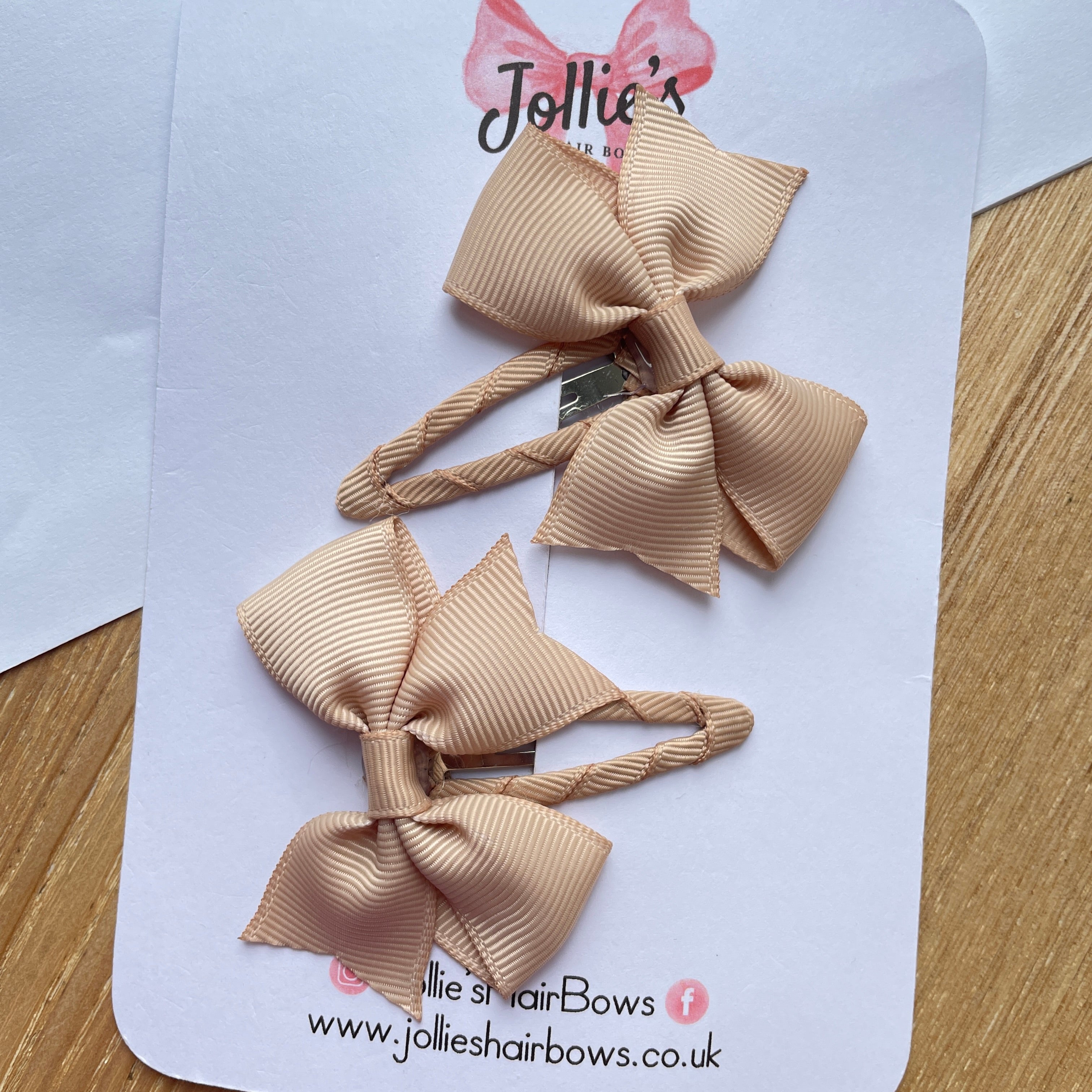 2.5" Tan Bow Snap Clips – Grosgrain Ribbon Hair Clips for Girls (Set of 2)