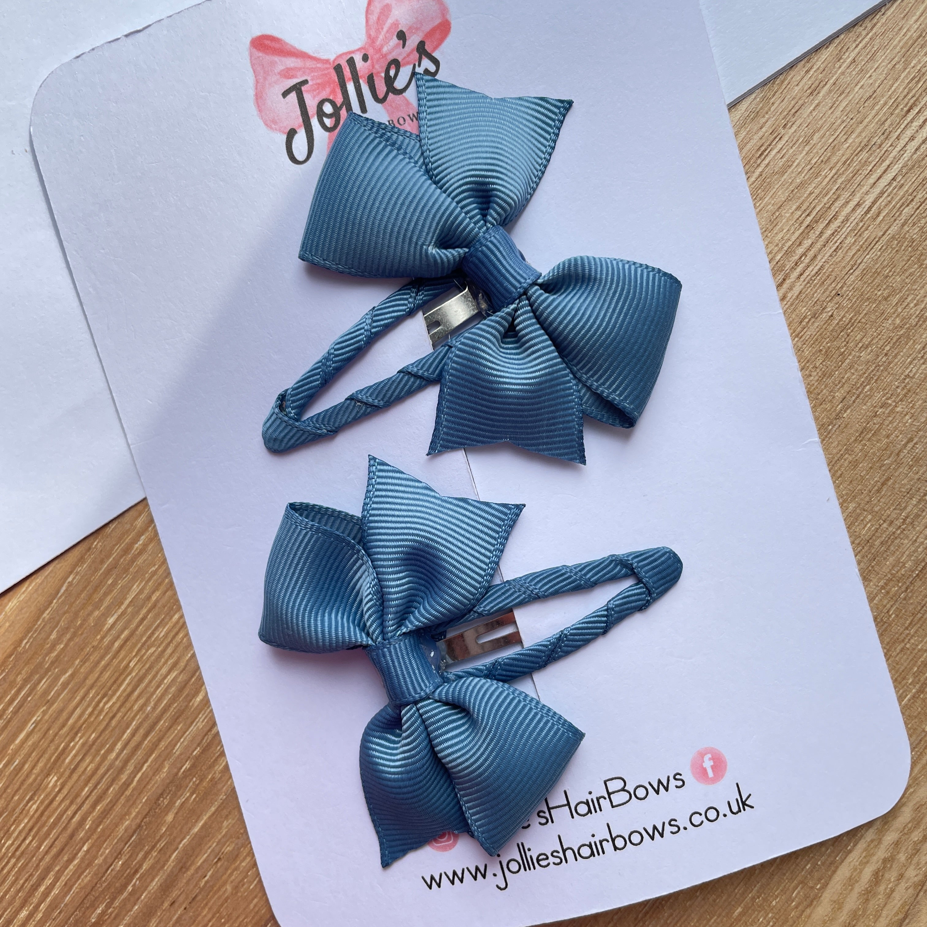 2.5" Antique Blue Bow Snap Clips – Grosgrain Ribbon Hair Clips for Girls (Set of 2)