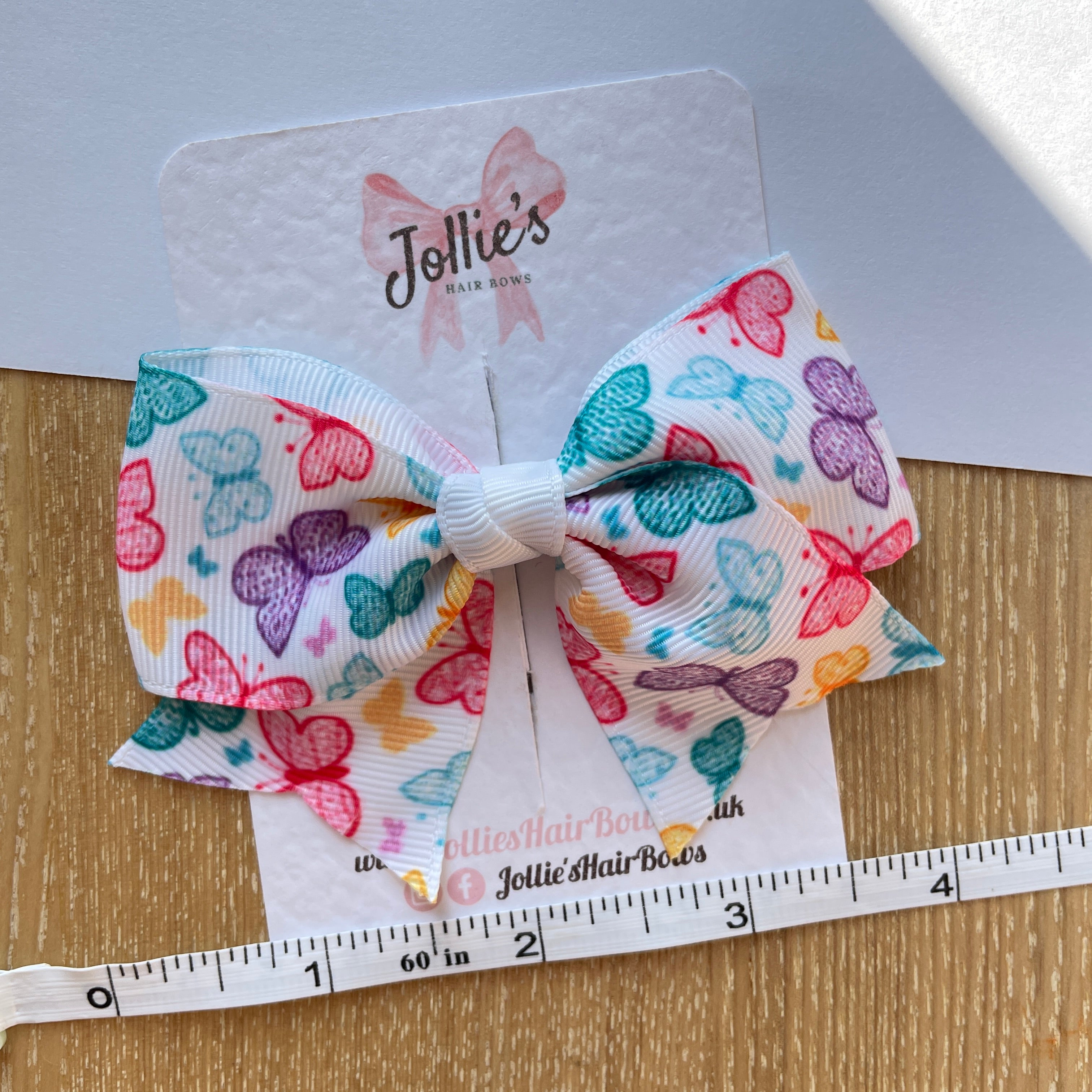 4" Rainbow Butterfly Print Classic Hair Bow – Grosgrain Ribbon with Lined Alligator Clip