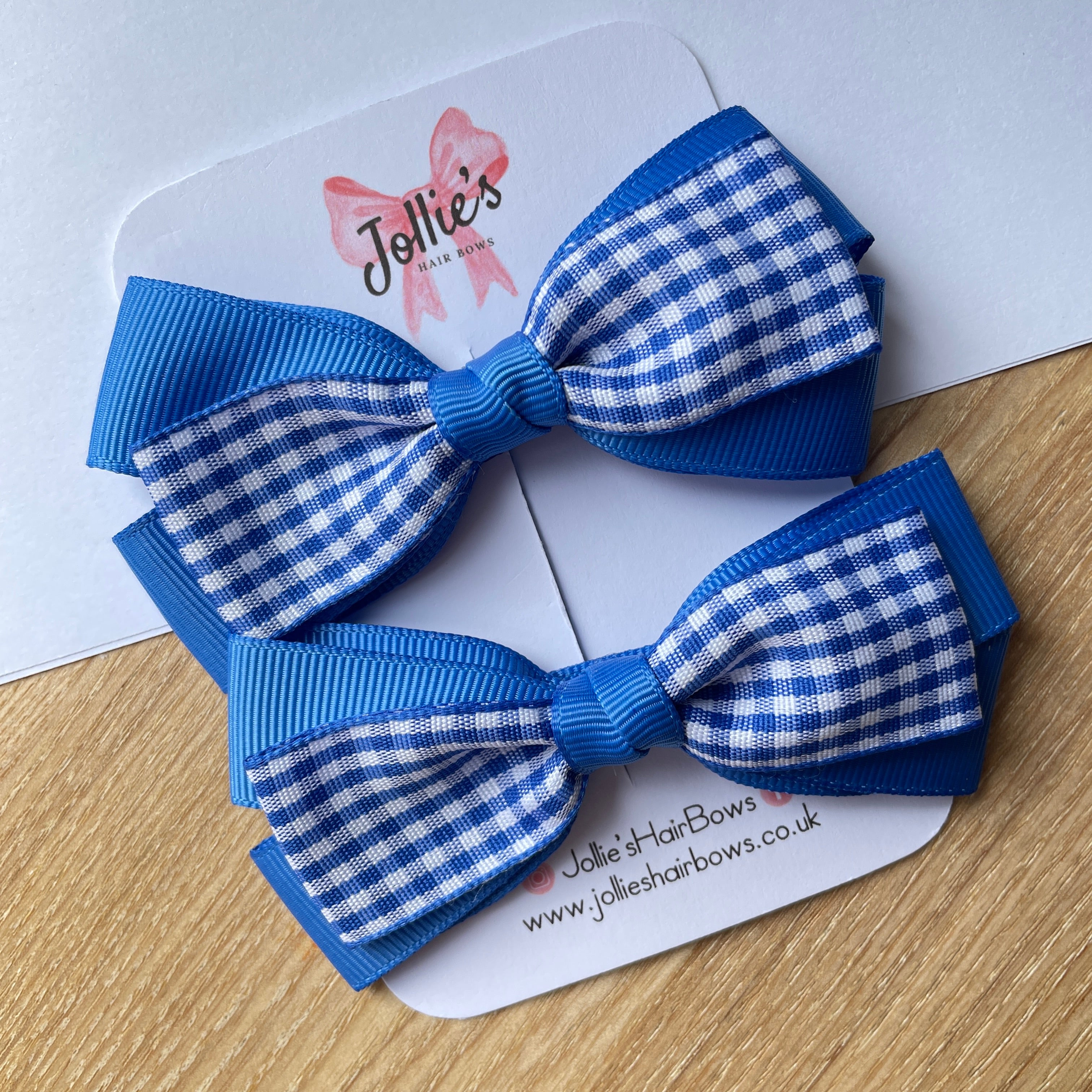 3.5" Royal Blue Gingham Bow with Clip (Pair) – Grosgrain Ribbon Hair Bows for Girls