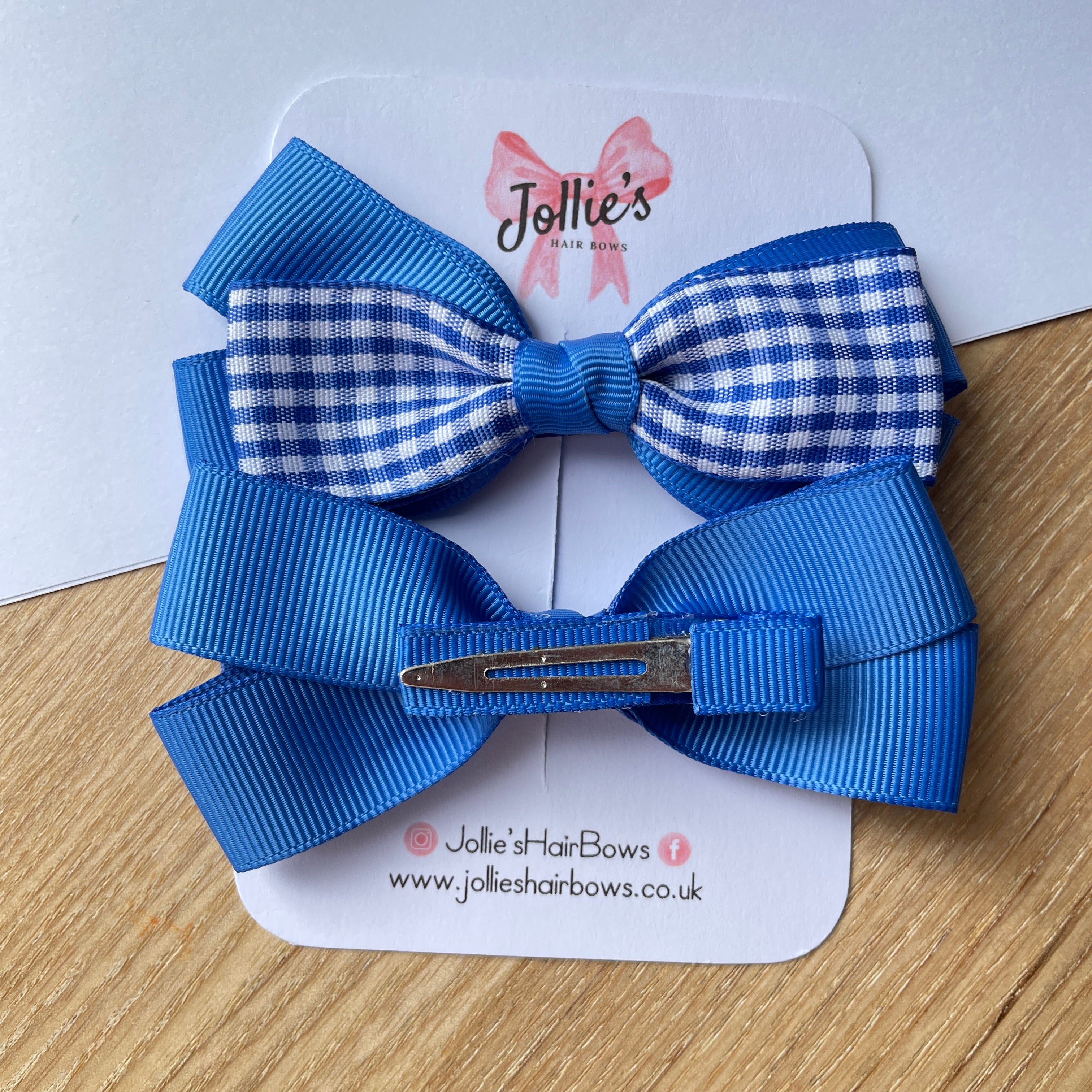 3.5" Royal Blue Gingham Bow with Clip (Pair) – Grosgrain Ribbon Hair Bows for Girls