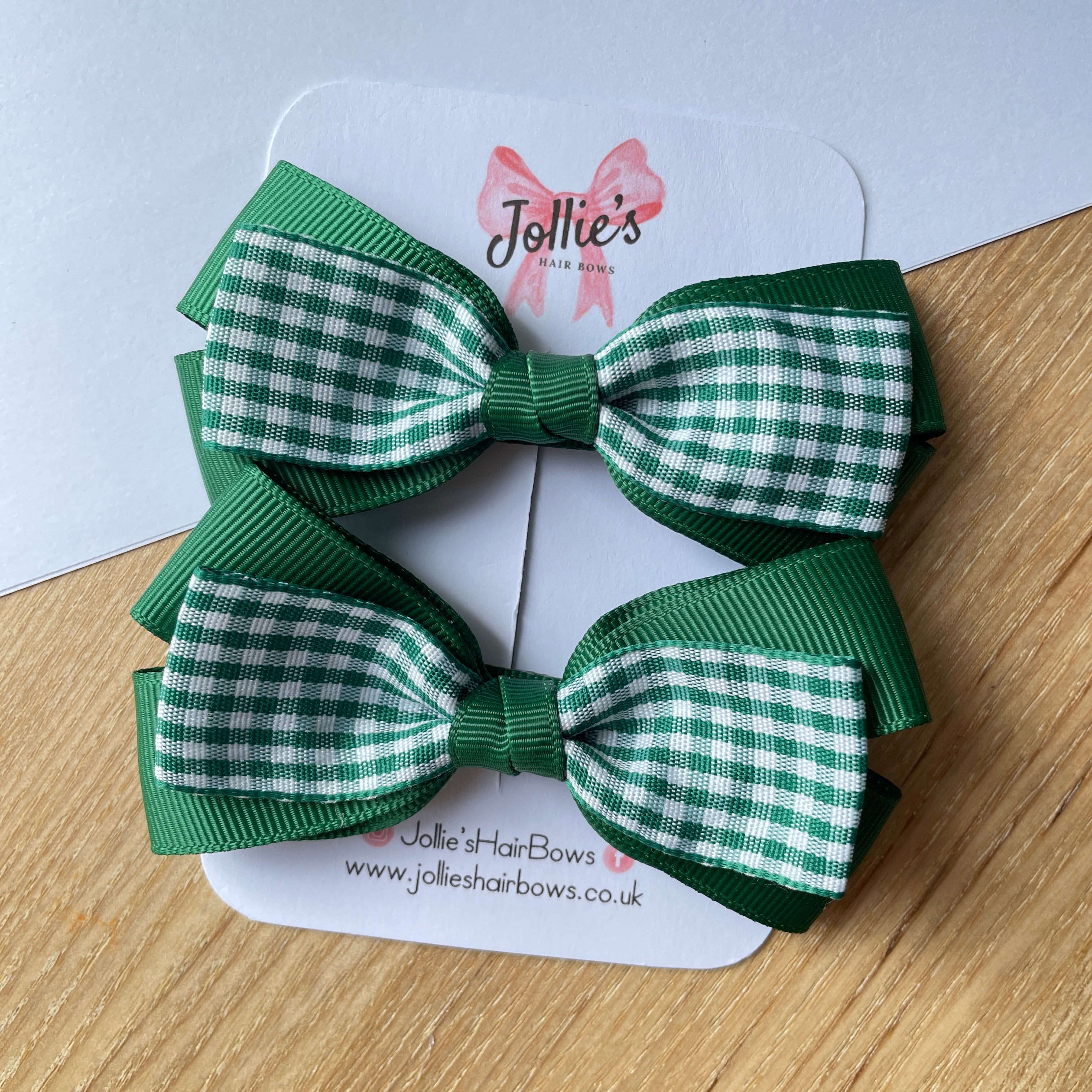 3.5" Green Gingham Bow with Clip (Pair) – Grosgrain Ribbon Hair Bows for Girls