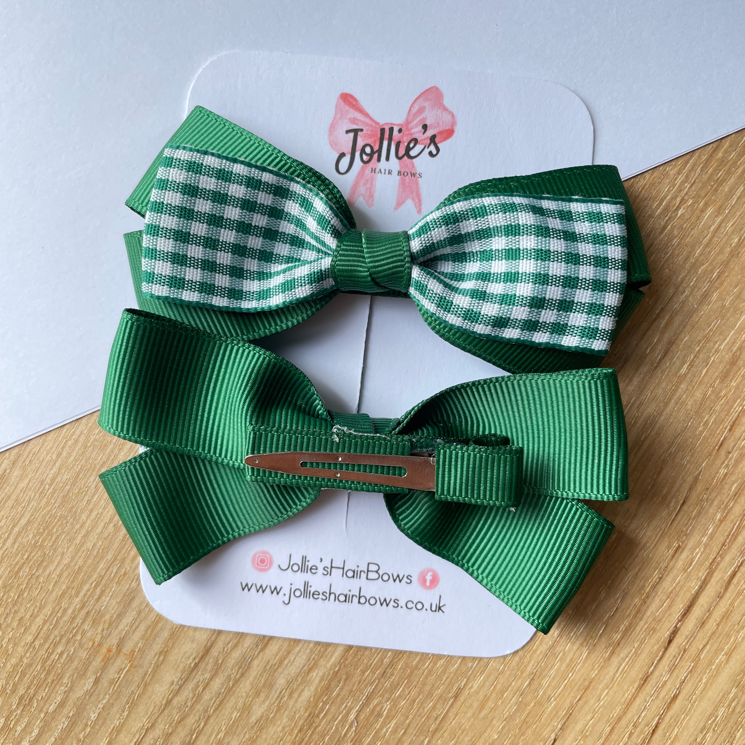 3.5" Green Gingham Bow with Clip (Pair) – Grosgrain Ribbon Hair Bows for Girls