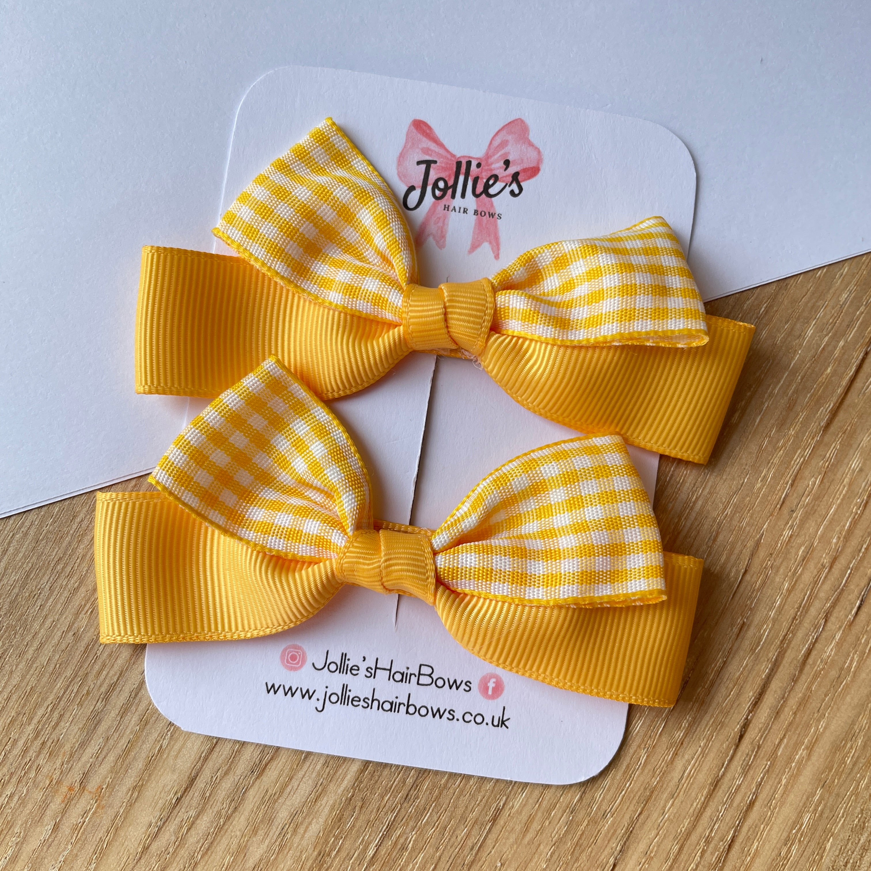 3.5" Yellow Gingham Ribbon Bow Clip Set – Hair Bows for Girls (Pair)
