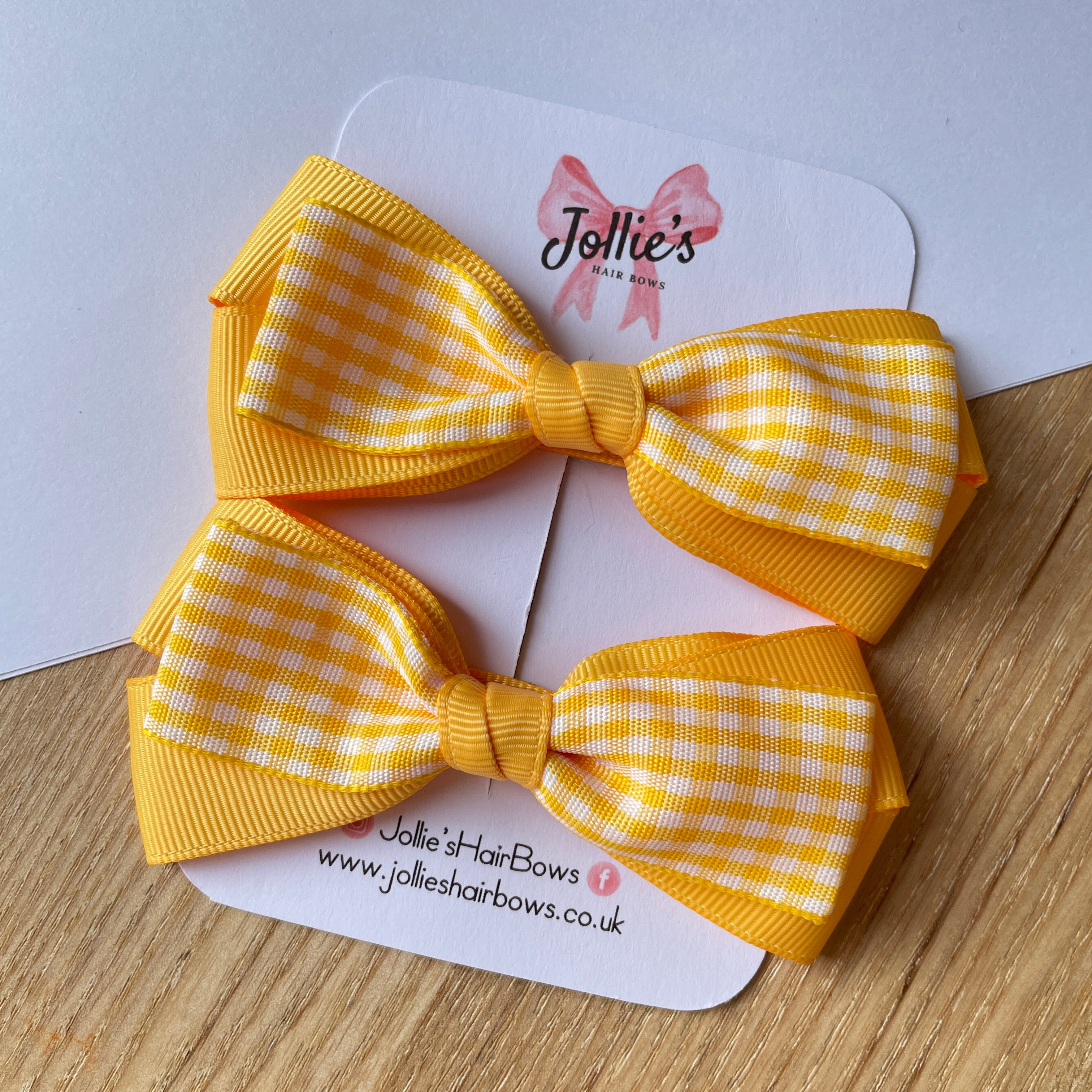 3.5" Yellow Gingham Bow with Clip (Pair) – Grosgrain Ribbon Hair Bows for Girls