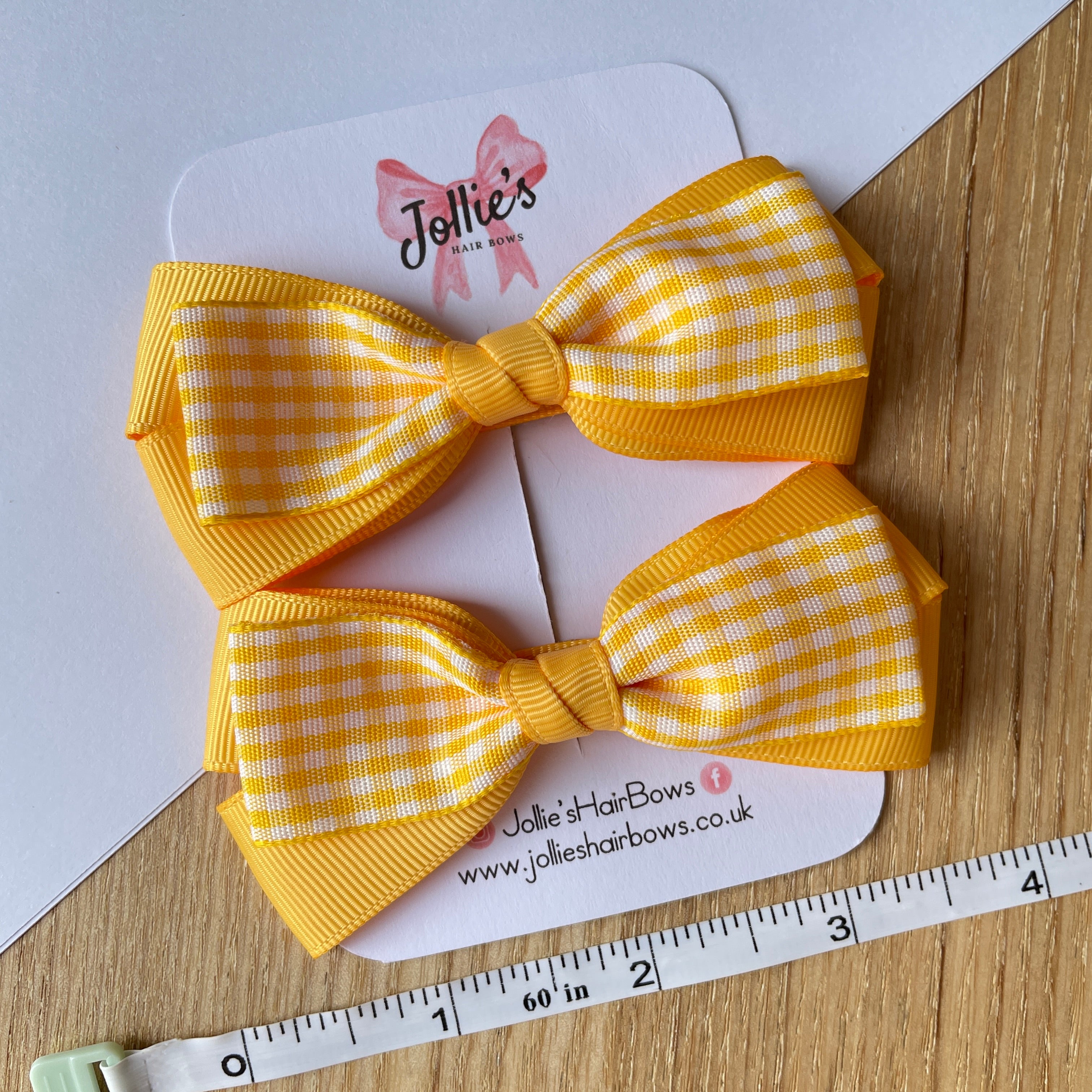3.5" Yellow Gingham Bow with Clip (Pair) – Grosgrain Ribbon Hair Bows for Girls
