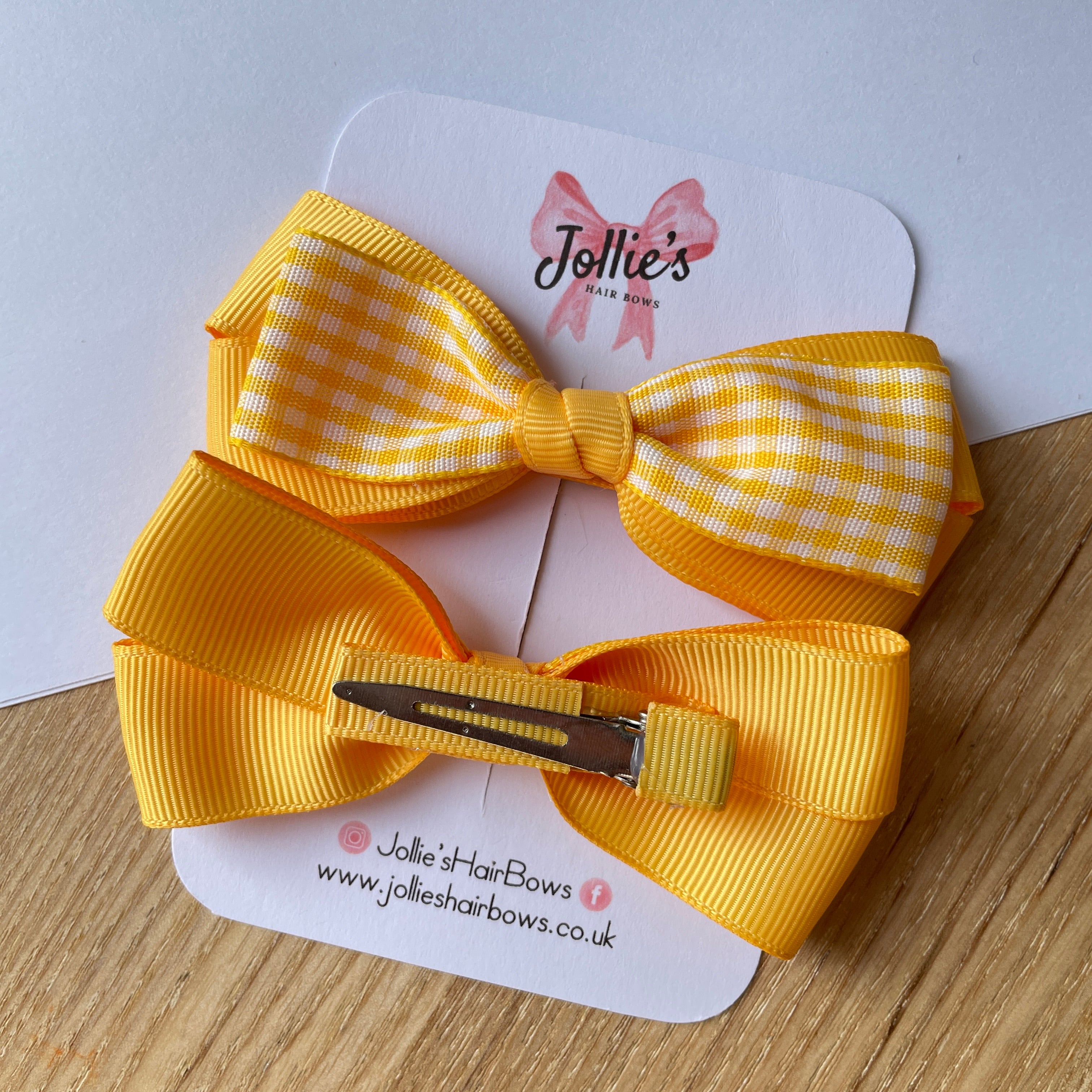 3.5" Yellow Gingham Bow with Clip (Pair) – Grosgrain Ribbon Hair Bows for Girls