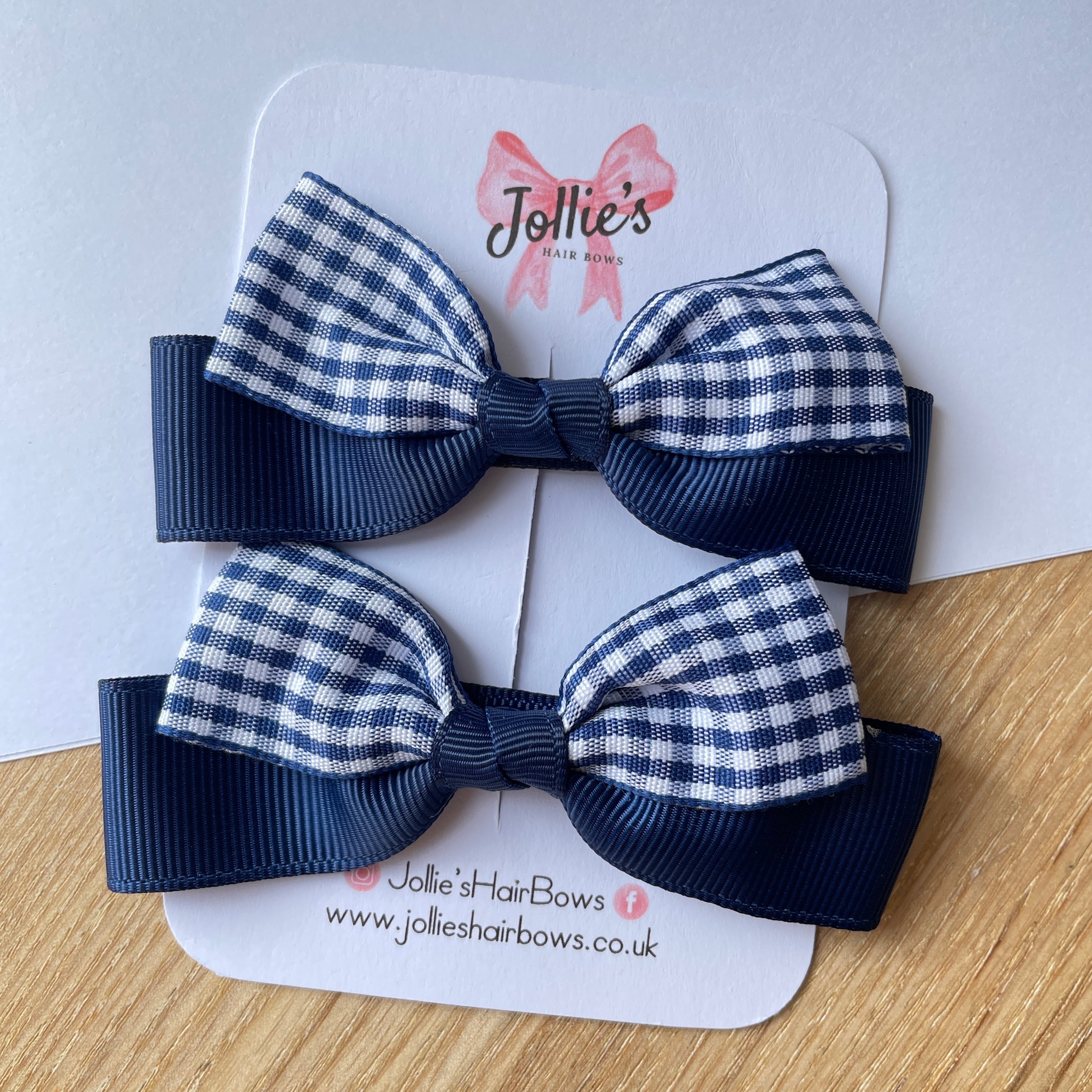 3.5" Navy Gingham Ribbon Bow Clip Set – Hair Bows for Girls (Pair)