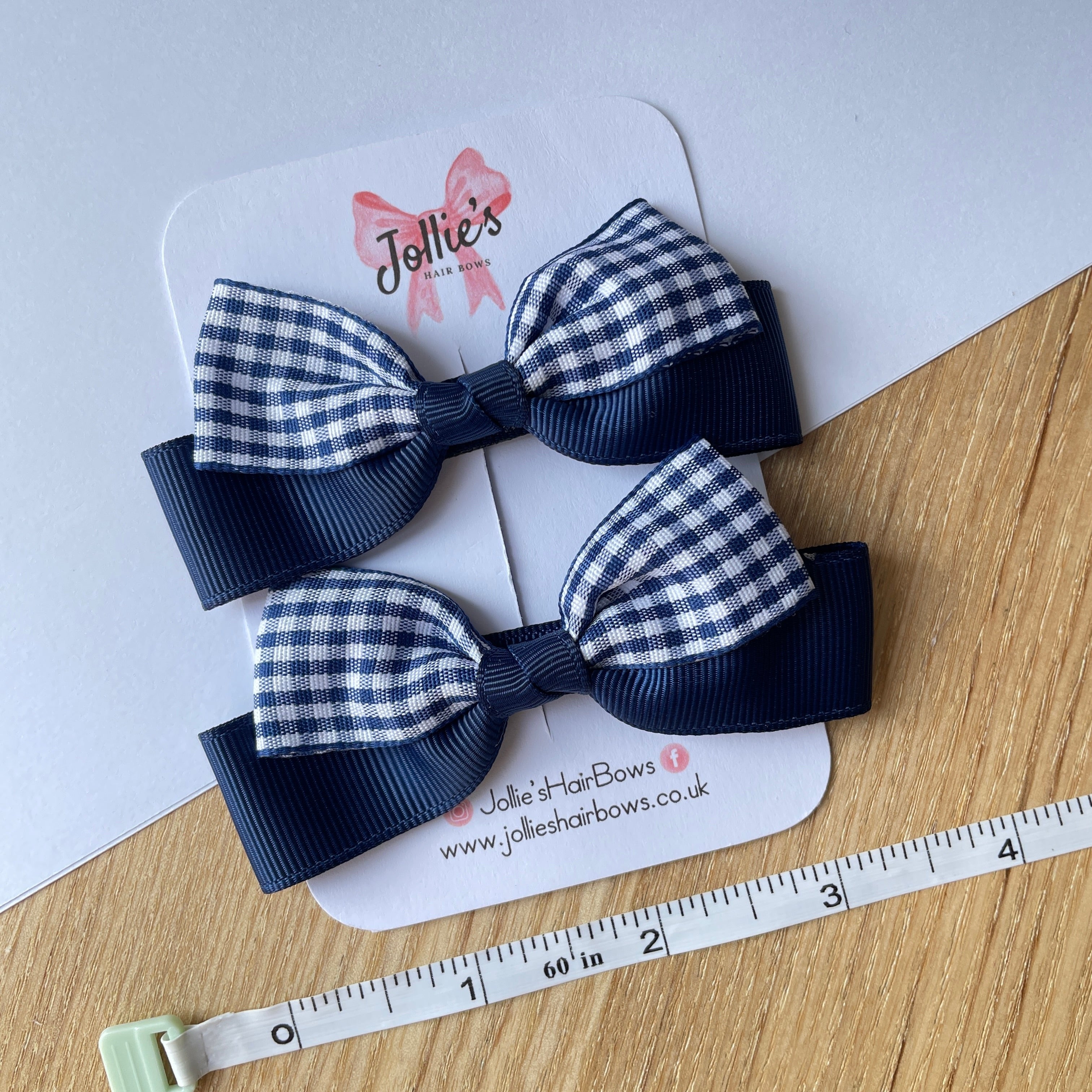 3.5" Navy Gingham Ribbon Bow Clip Set – Hair Bows for Girls (Pair)
