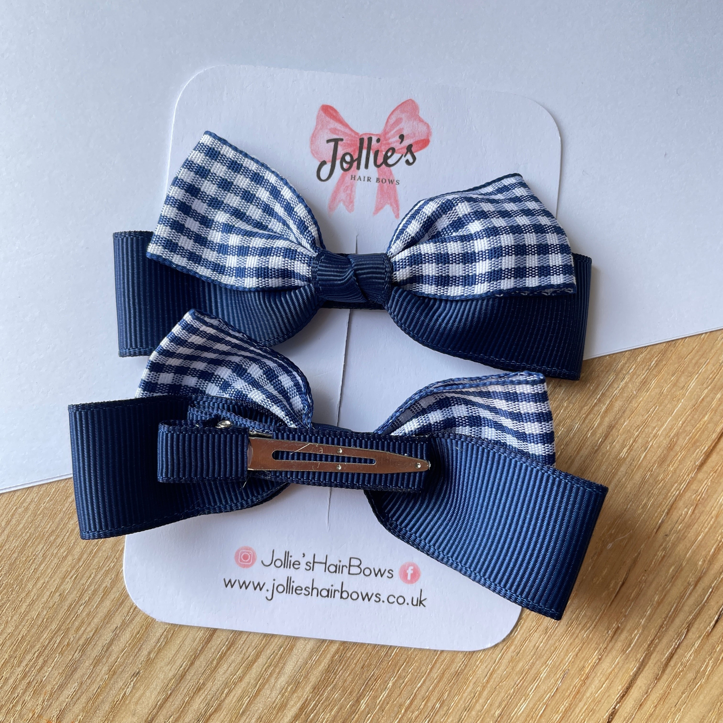 3.5" Navy Gingham Ribbon Bow Clip Set – Hair Bows for Girls (Pair)