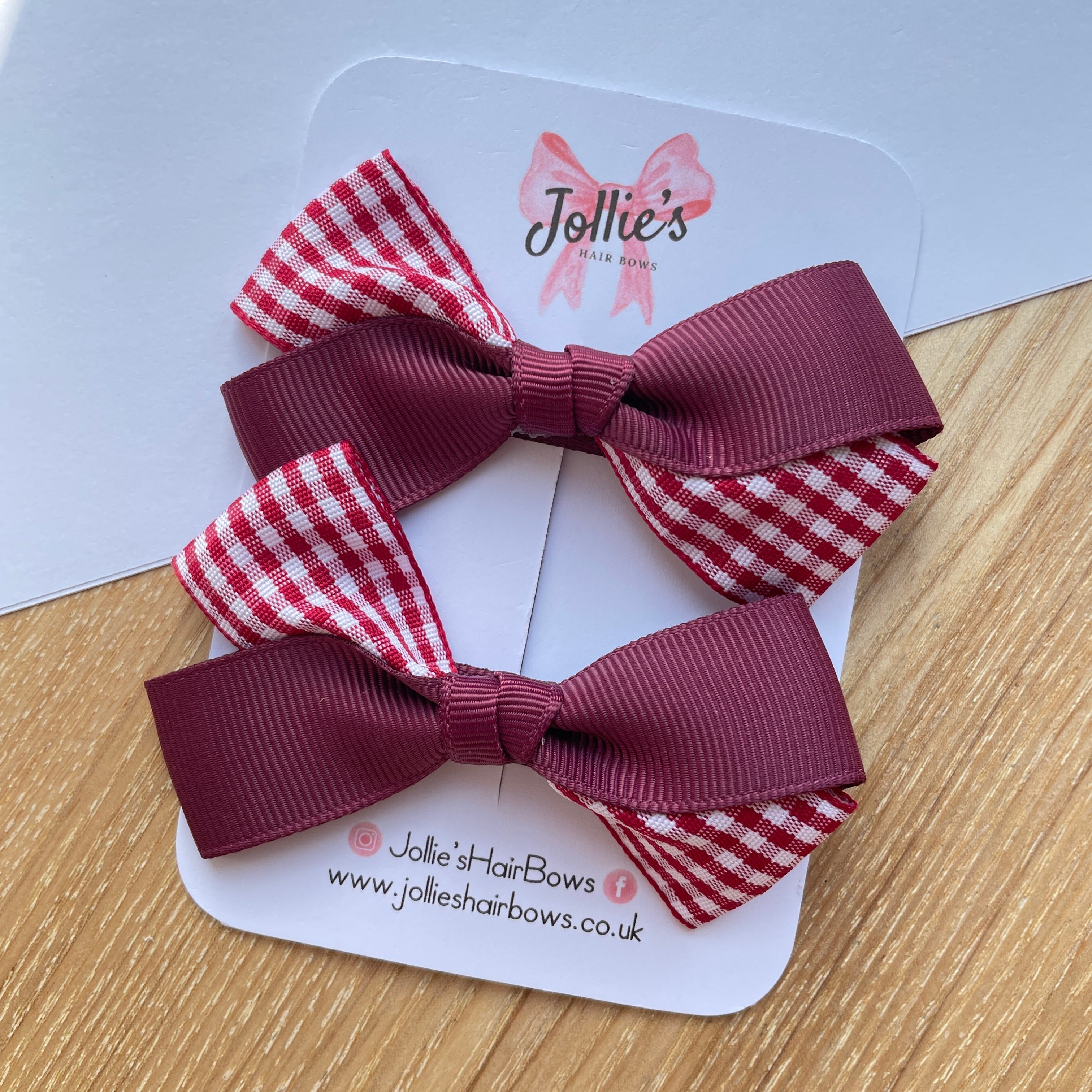 3" Burgundy Gingham Bow with Clip (Pair) – Grosgrain Ribbon Hair Bows for Girls