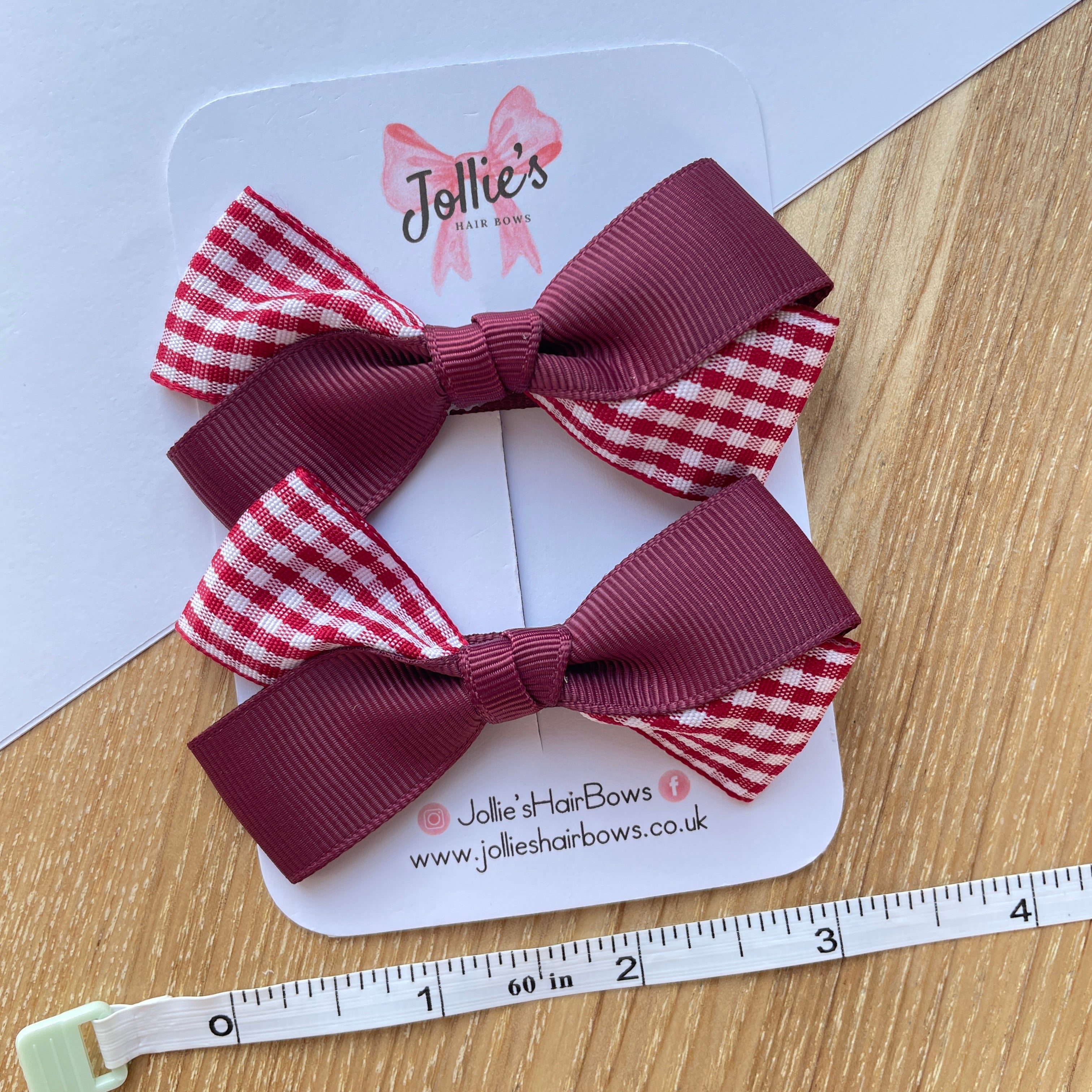 3" Burgundy Gingham Bow with Clip (Pair) – Grosgrain Ribbon Hair Bows for Girls